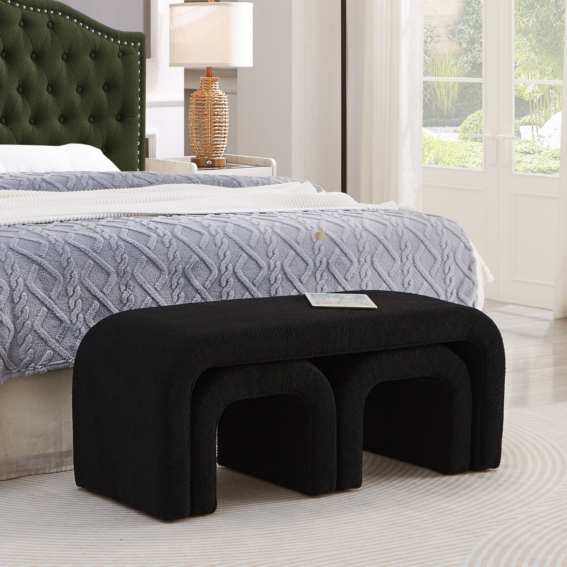 Set of 3 U-Shaped Modern Bench Teddy  Ottoman Bench for Entryway, Bedroom End of Bed, Set of 3 Small Sofa Footrest Extra Seating for Living Room, 44+18 Inch Bench Bench & Ottoman- Black