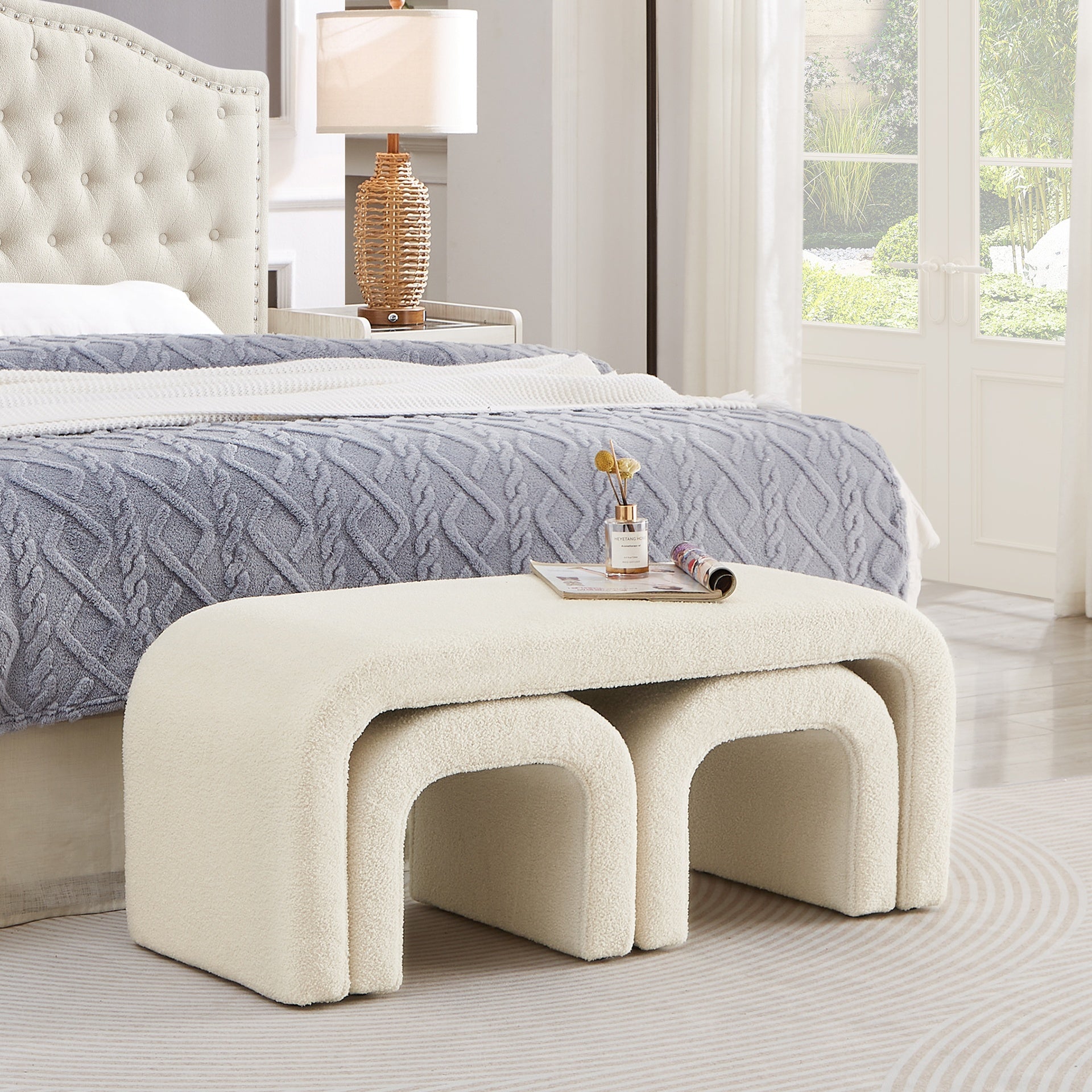 Set of 3 U-Shaped Modern Bench Teddy  Ottoman Bench for Entryway, Bedroom End of Bed, Set of 3 Small Sofa Footrest Extra Seating for Living Room, 44+18 Inch Bench Bench & Ottoman- Cream