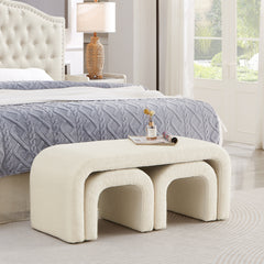 Set of 3 U-Shaped Modern Bench Teddy  Ottoman Bench for Entryway, Bedroom End of Bed, Set of 3 Small Sofa Footrest Extra Seating for Living Room, 44+18 Inch Bench Bench & Ottoman- Cream