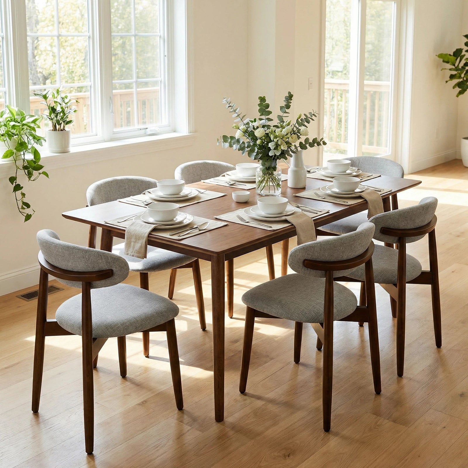 Wooden Dining Chairs Set of 2, Modern Fabric Upholstered Dining Room Chair with Curved Back, Farmhouse Kitchen Chairs with Adjustable Foot Pads for Living Room, Dining Room, Cafe, Grey