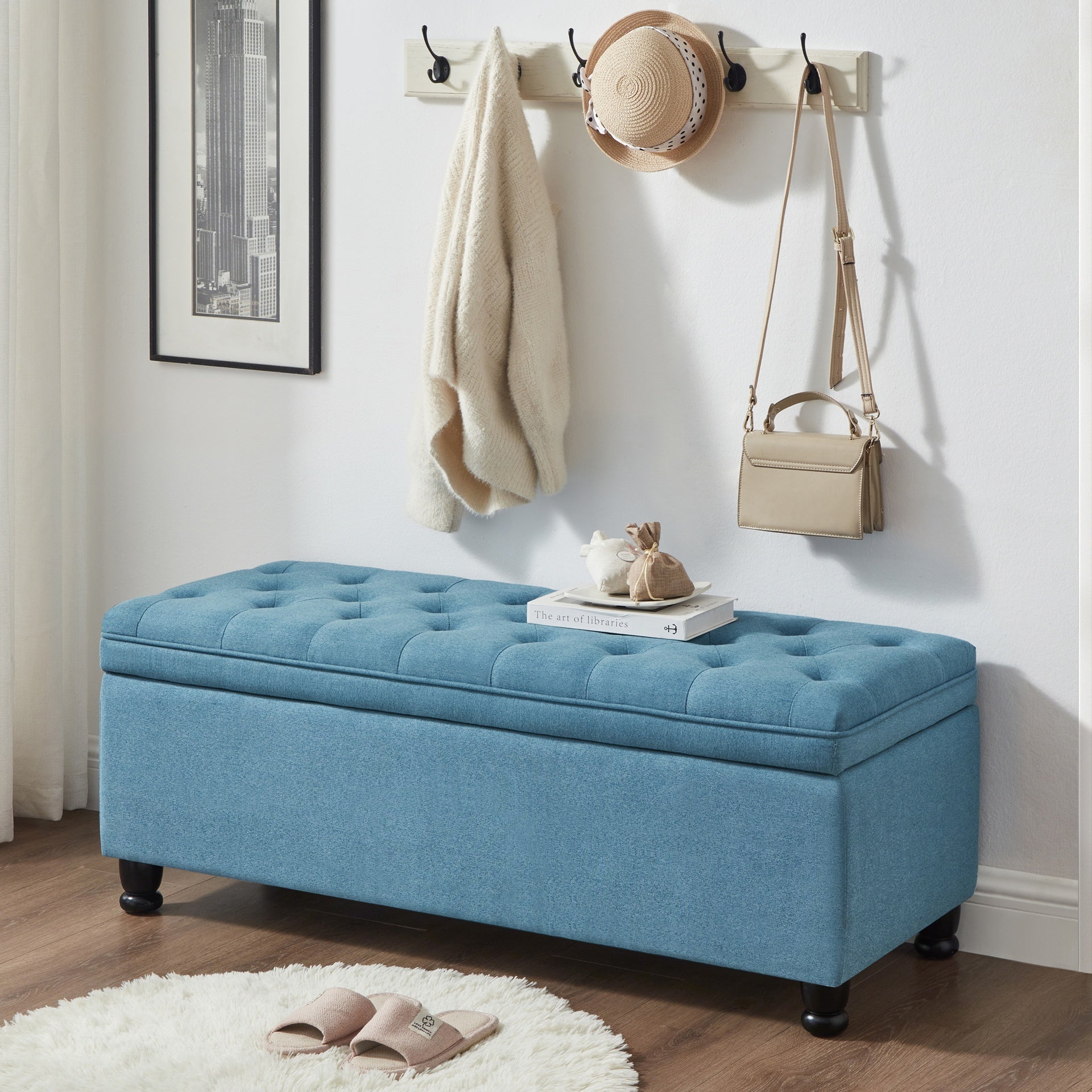 Upholstered tufted button storage bench ,Linen fabric entry bench with spindle wooden legs, Bed bench- Light Blue