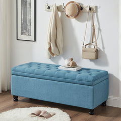 Upholstered tufted button storage bench ,Linen fabric entry bench with spindle wooden legs, Bed bench- Light Blue