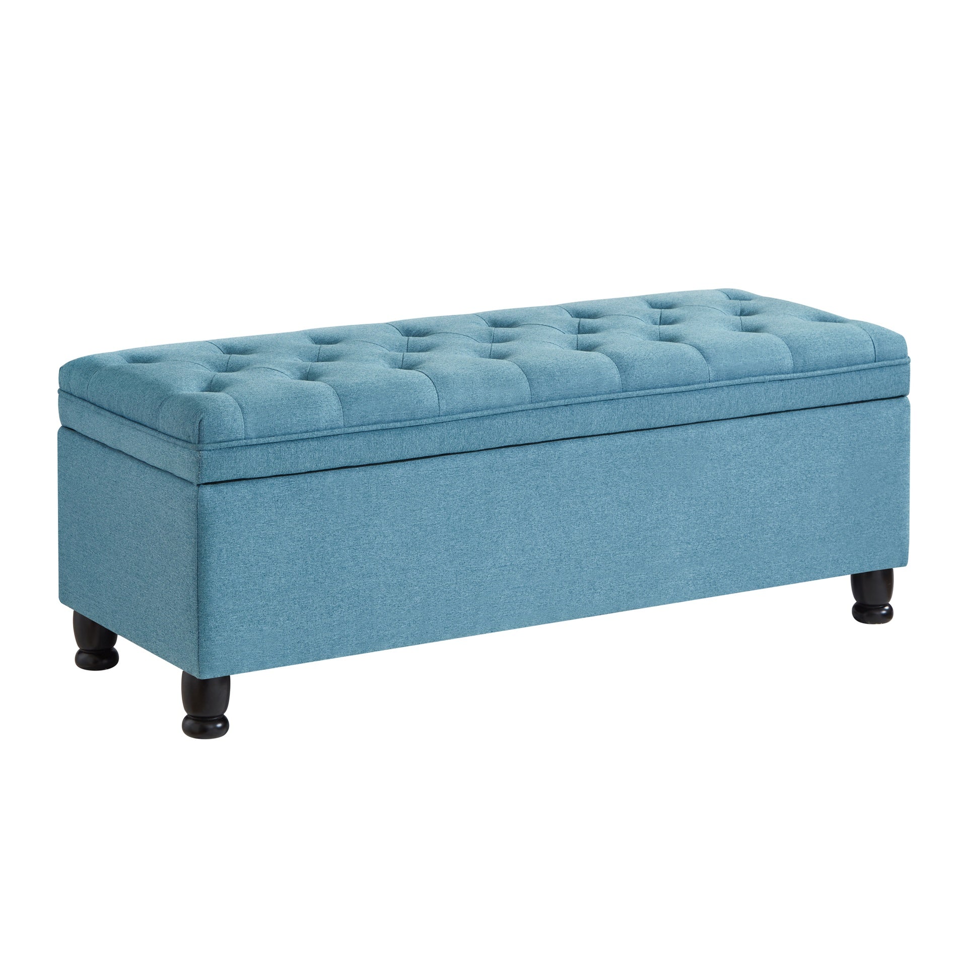 Upholstered tufted button storage bench ,Linen fabric entry bench with spindle wooden legs, Bed bench- Light Blue