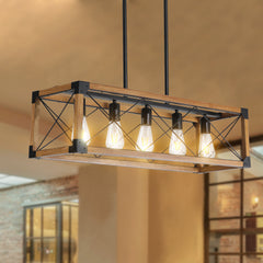 32" Walnut Industrial Farmhouse Rectangle Pendant Light, 5-Light Chandelier for Dining Room, Kitchen Island, Cafe Decor (No Bulbs)