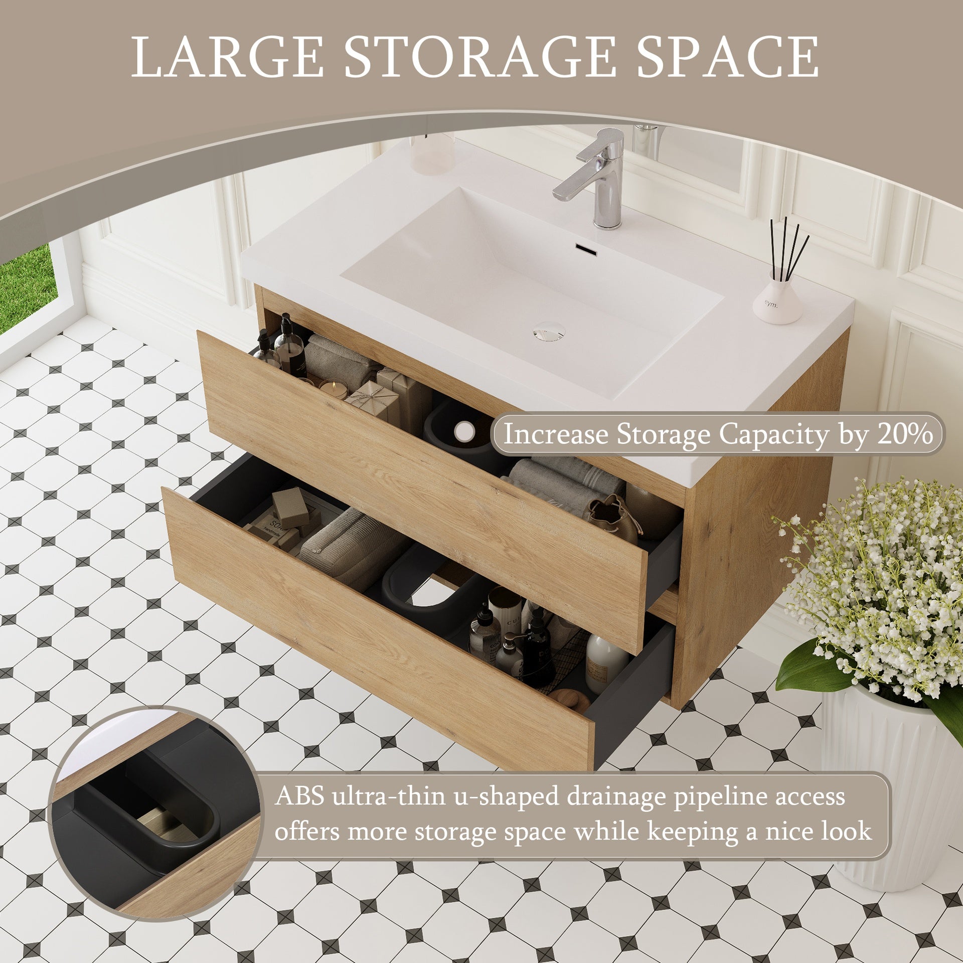 36" Floating Bathroom Vanity with Sink, Wall-Mounted Storage Cabinet with Solid Surface Top Basin and Soft Close Drawers Fully Assembled, Natural Oak 24V11-36NO-W1920P385481