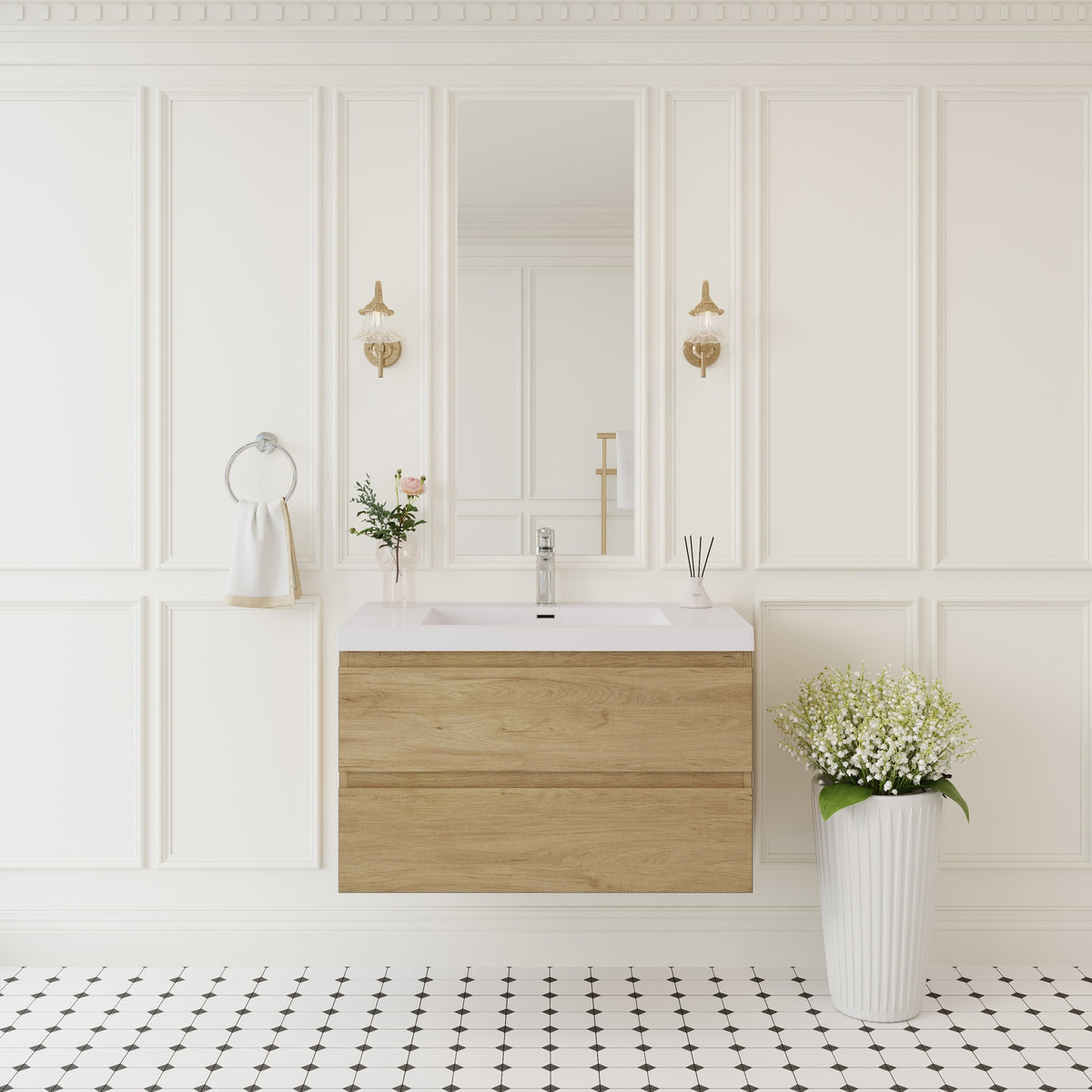 36" Floating Bathroom Vanity with Sink, Wall-Mounted Storage Cabinet with Solid Surface Top Basin and Soft Close Drawers Fully Assembled, Natural Oak 24V11-36NO-W1920P385481