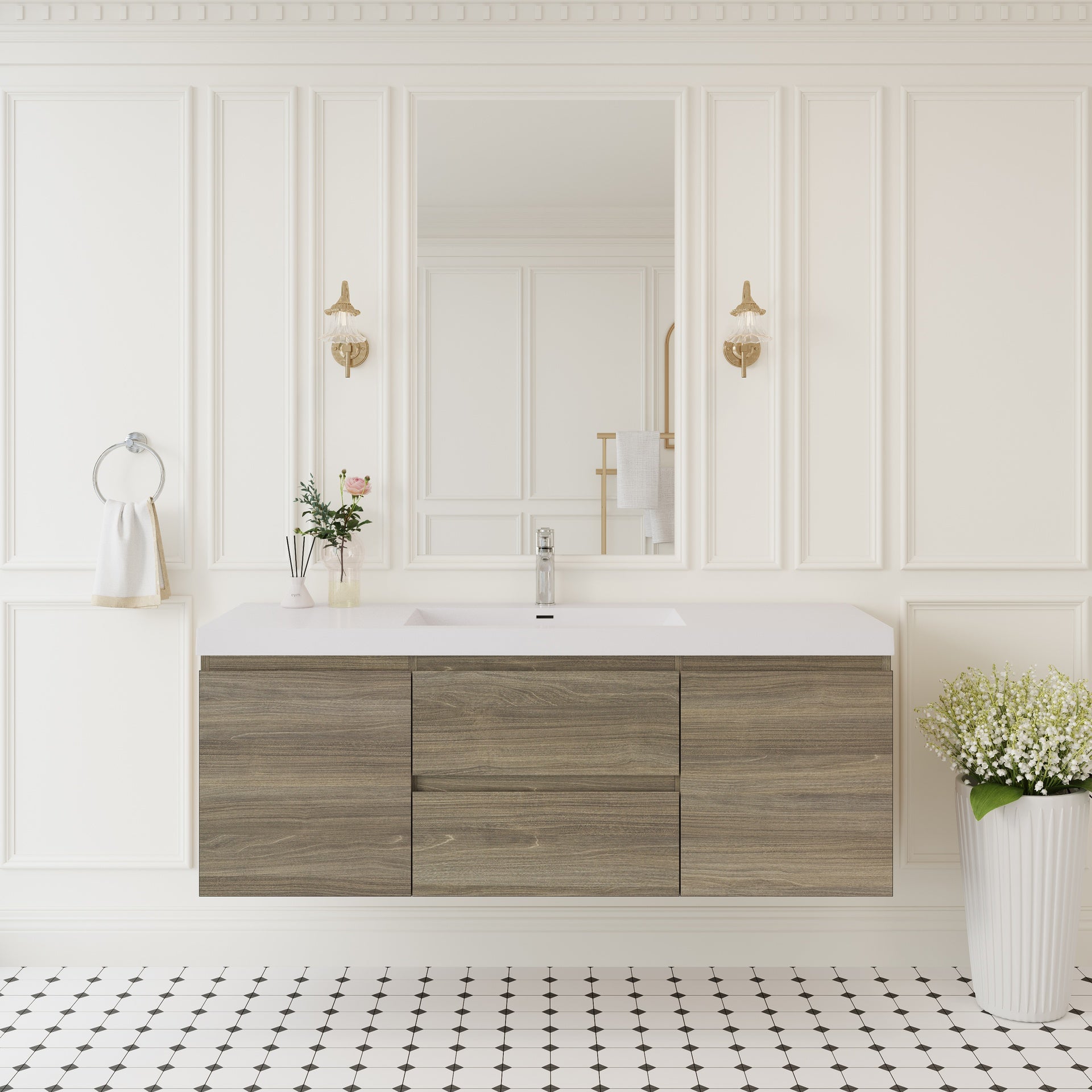 60" Floating Bathroom Vanity with Sink, Wall-Mounted Storage Cabinet with Solid Surface Top Basin and Soft Close Drawers Fully Assembled, Ash Grey 24V11-60SAG-W1920P385499
