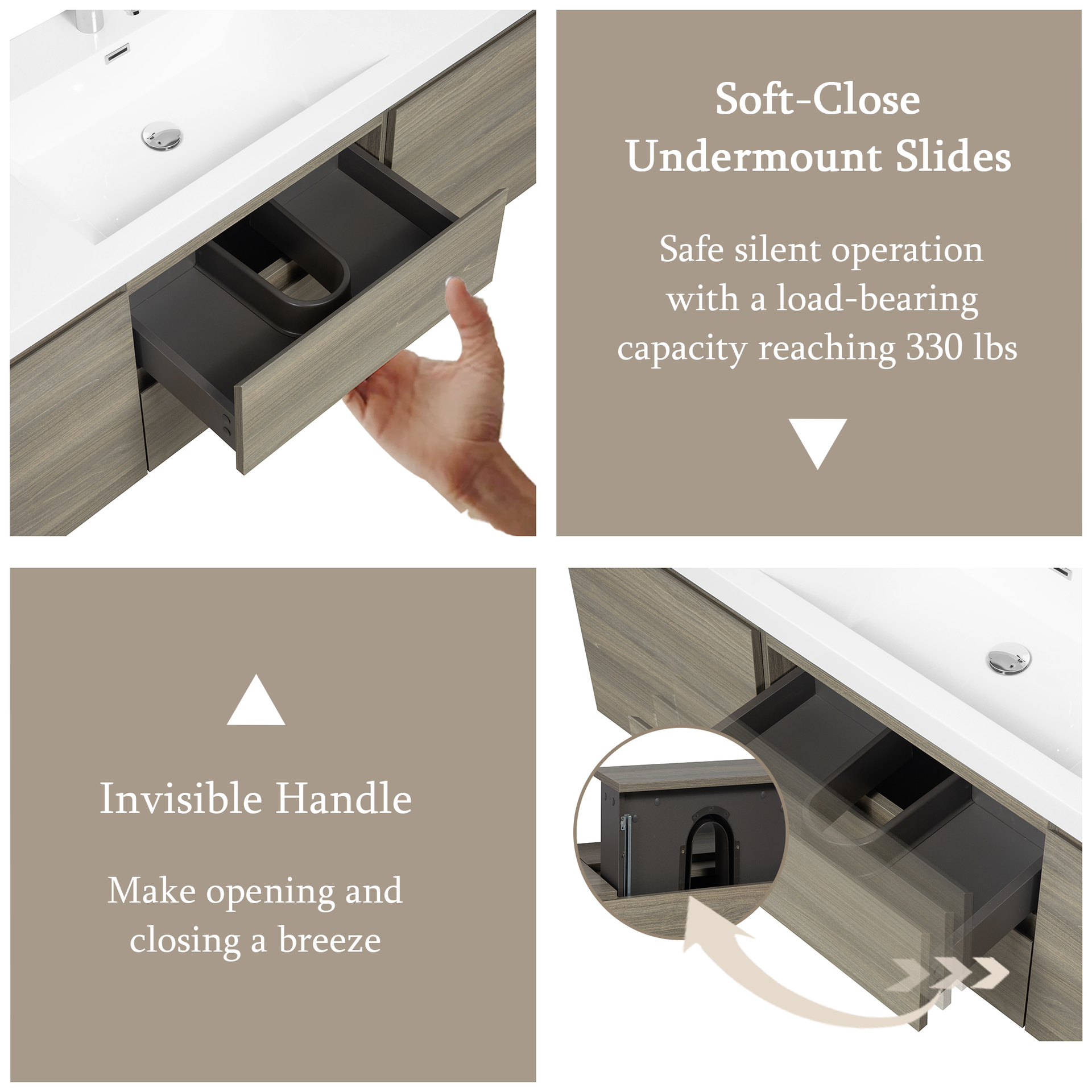 60" Floating Bathroom Vanity with Sink, Wall-Mounted Storage Cabinet with Solid Surface Top Basin and Soft Close Drawers Fully Assembled, Ash Grey 24V11-60SAG-W1920P385499