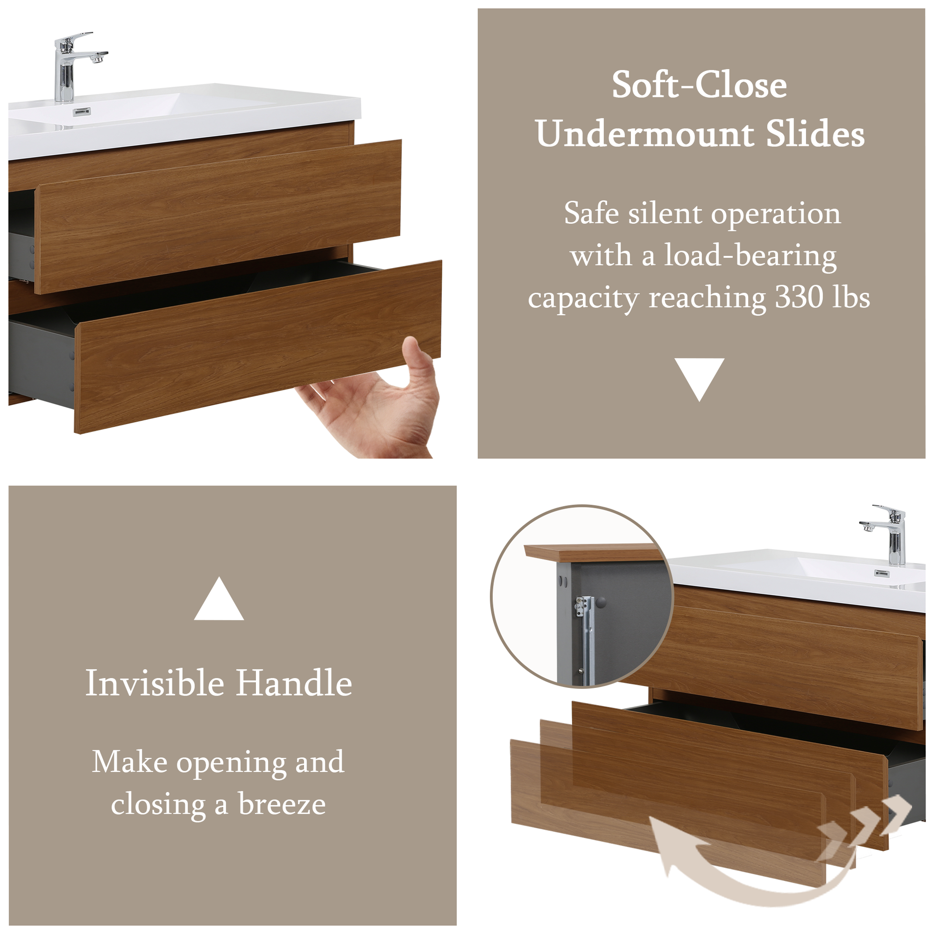 42" Floating Bathroom Vanity with Sink, Wall-Mounted Storage Cabinet with Solid Surface Top Basin and Soft Close Drawers Fully Assembled, Honey Gold Walnut 24V11-42WN-W1920P414526