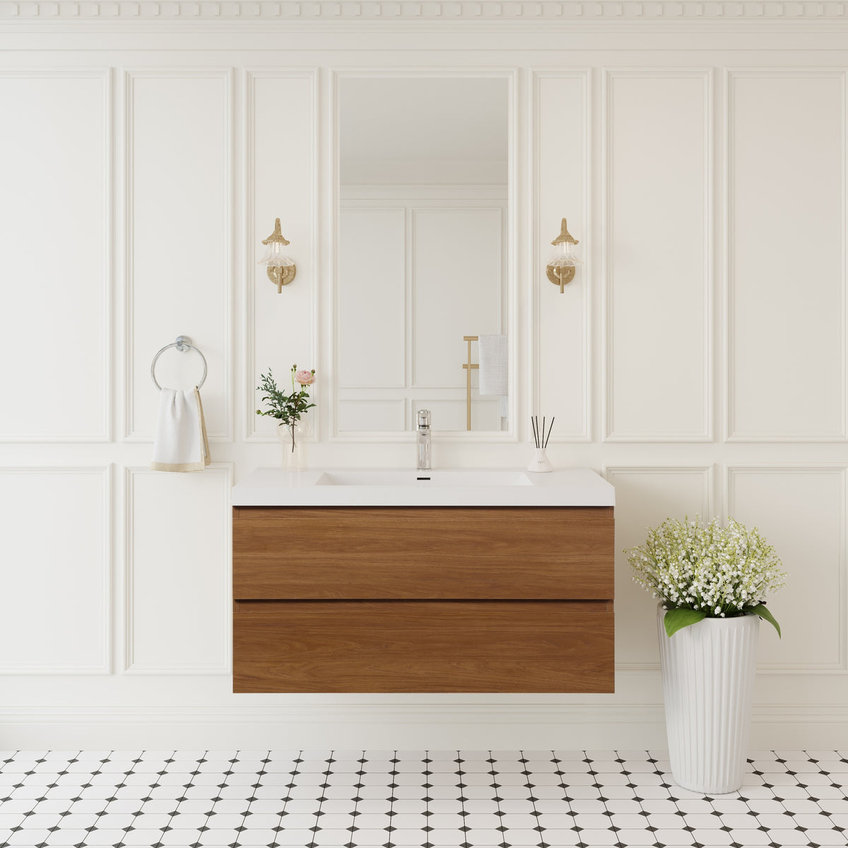 42" Floating Bathroom Vanity with Sink, Wall-Mounted Storage Cabinet with Solid Surface Top Basin and Soft Close Drawers Fully Assembled, Honey Gold Walnut 24V11-42WN-W1920P414526