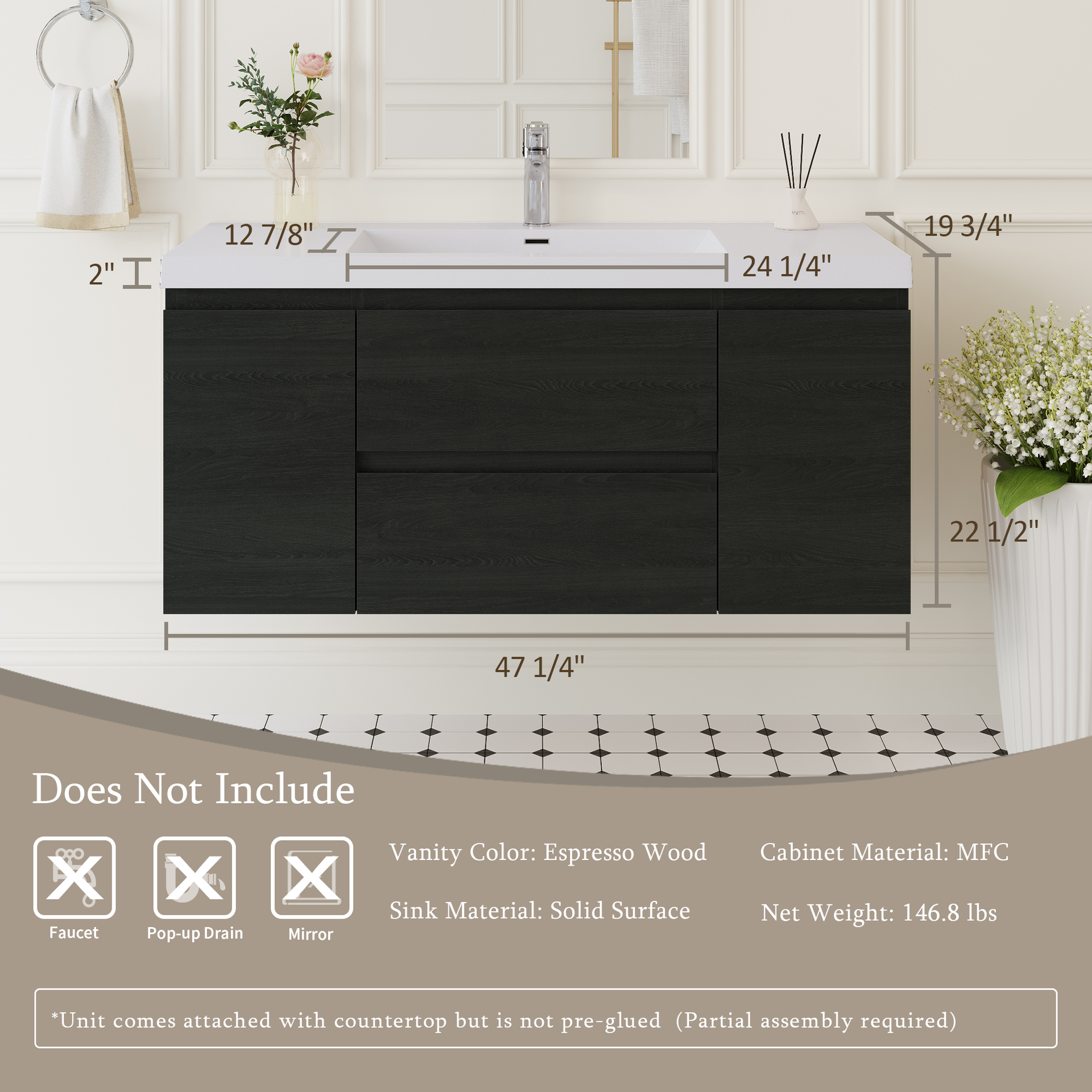 48" Floating Bathroom Vanity with Sink, Wall-Mounted Storage Cabinet with Solid Surface Top Basin and Soft Close Drawers Fully Assembled, Espresso Wood 24V11-48EW-W1920P414536