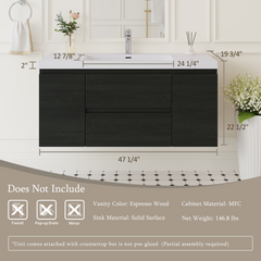 48" Floating Bathroom Vanity with Sink, Wall-Mounted Storage Cabinet with Solid Surface Top Basin and Soft Close Drawers Fully Assembled, Espresso Wood 24V11-48EW-W1920P414536