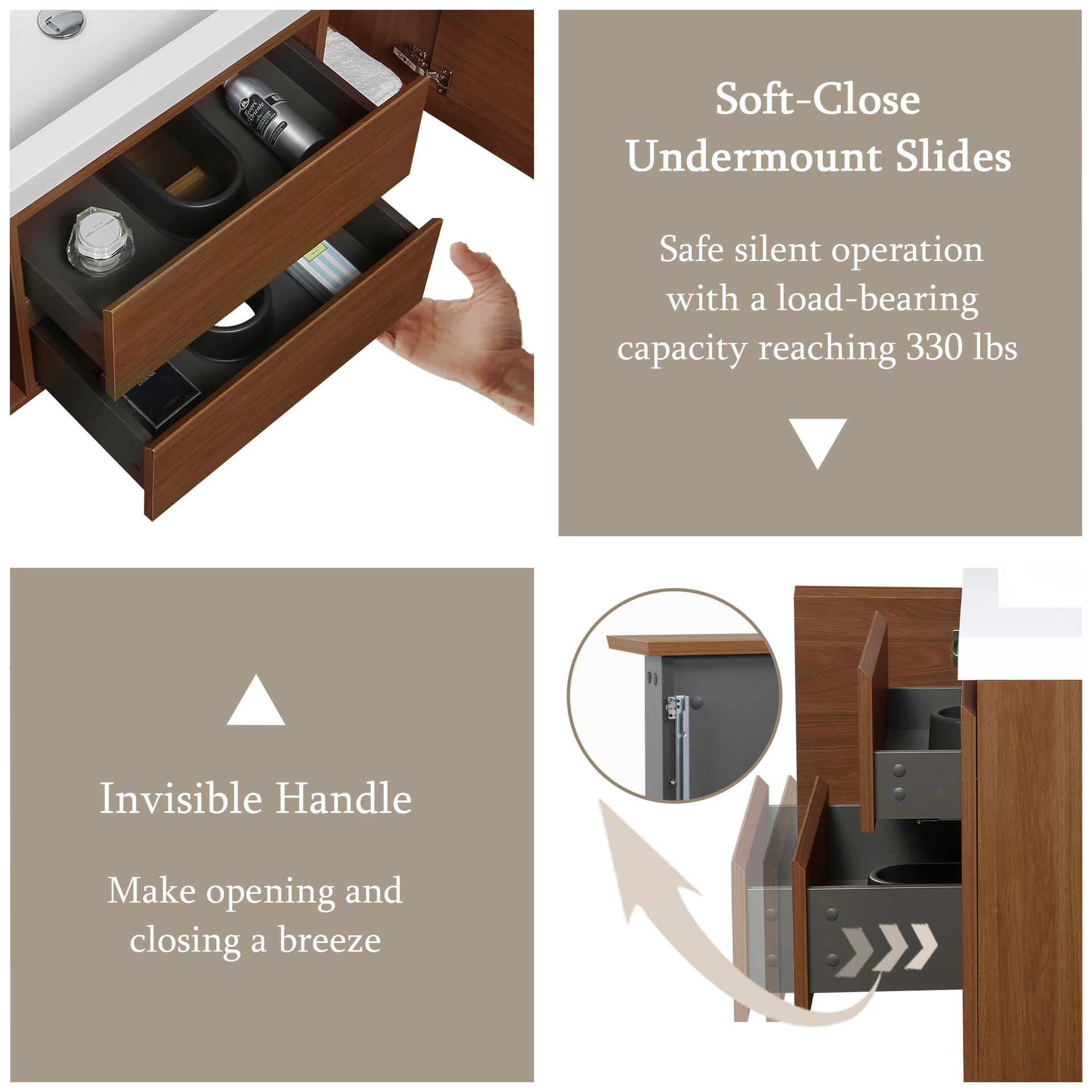 48" Floating Bathroom Vanity with Sink, Wall-Mounted Storage Cabinet with Solid Surface Top Basin and Soft Close Drawers Fully Assembled, Honey Gold Walnut 24V11-48WN-W1920P414538