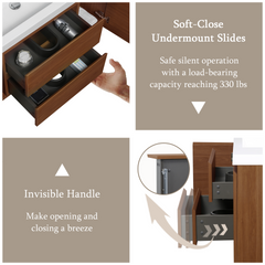 48" Floating Bathroom Vanity with Sink, Wall-Mounted Storage Cabinet with Solid Surface Top Basin and Soft Close Drawers Fully Assembled, Honey Gold Walnut 24V11-48WN-W1920P414538