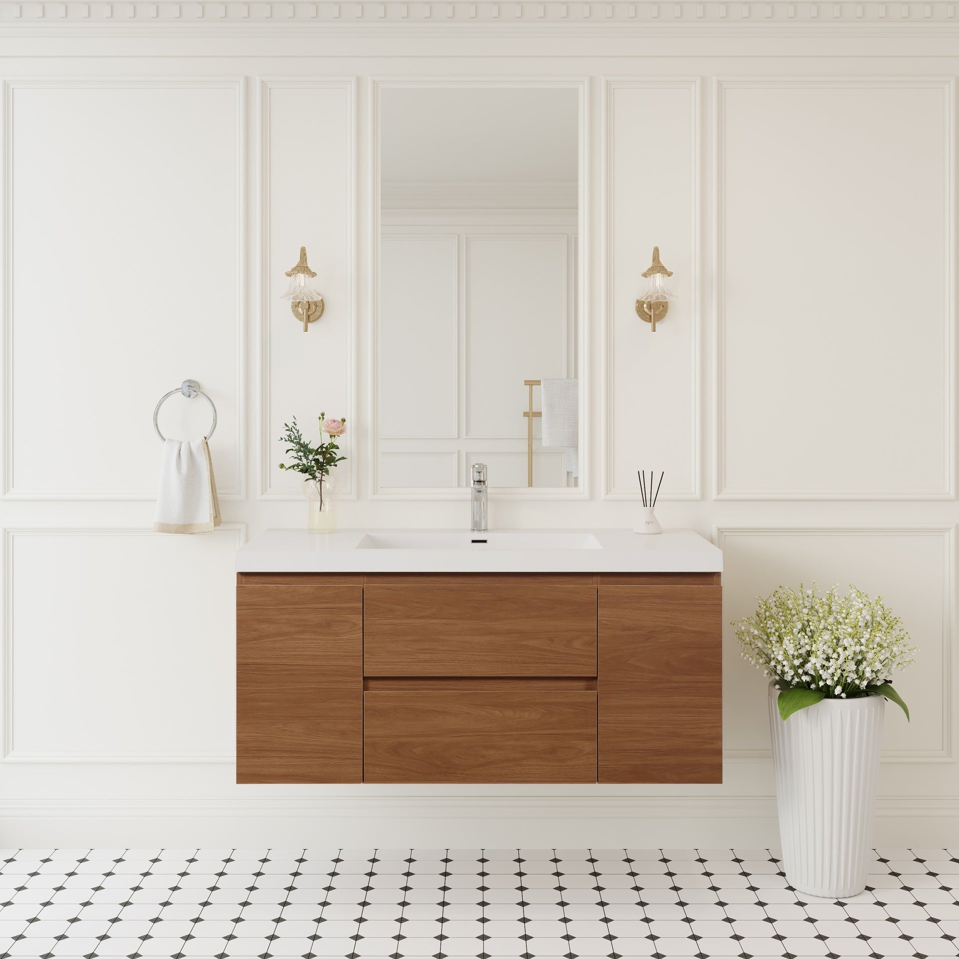 48" Floating Bathroom Vanity with Sink, Wall-Mounted Storage Cabinet with Solid Surface Top Basin and Soft Close Drawers Fully Assembled, Honey Gold Walnut 24V11-48WN-W1920P414538