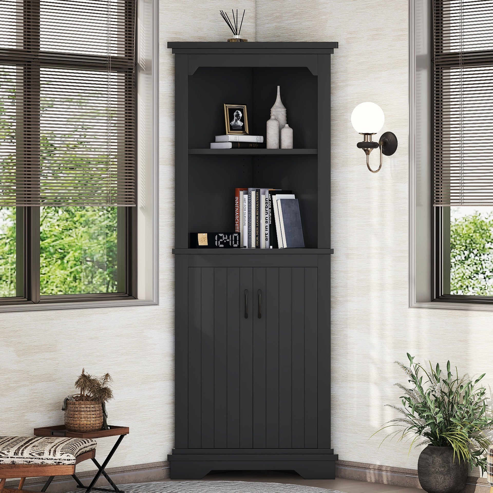 Tall Corner Cabinet with Doors for living room, bathroom,Dining Room or Kitchen,Black