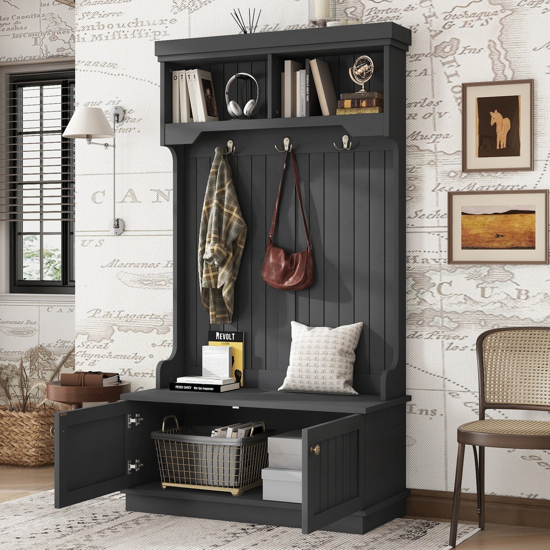 Hall Tree with Storage Shoe Bench for Entryway and Hallway, 4-in-1 Design Coat Racks with Hooks for Living Room, Black