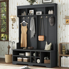 Modern Hallway Hall Tree with Metal Hooks and Storage Space, Multi-Functional Entryway Coat Rack with Shoe Cubbies, Black