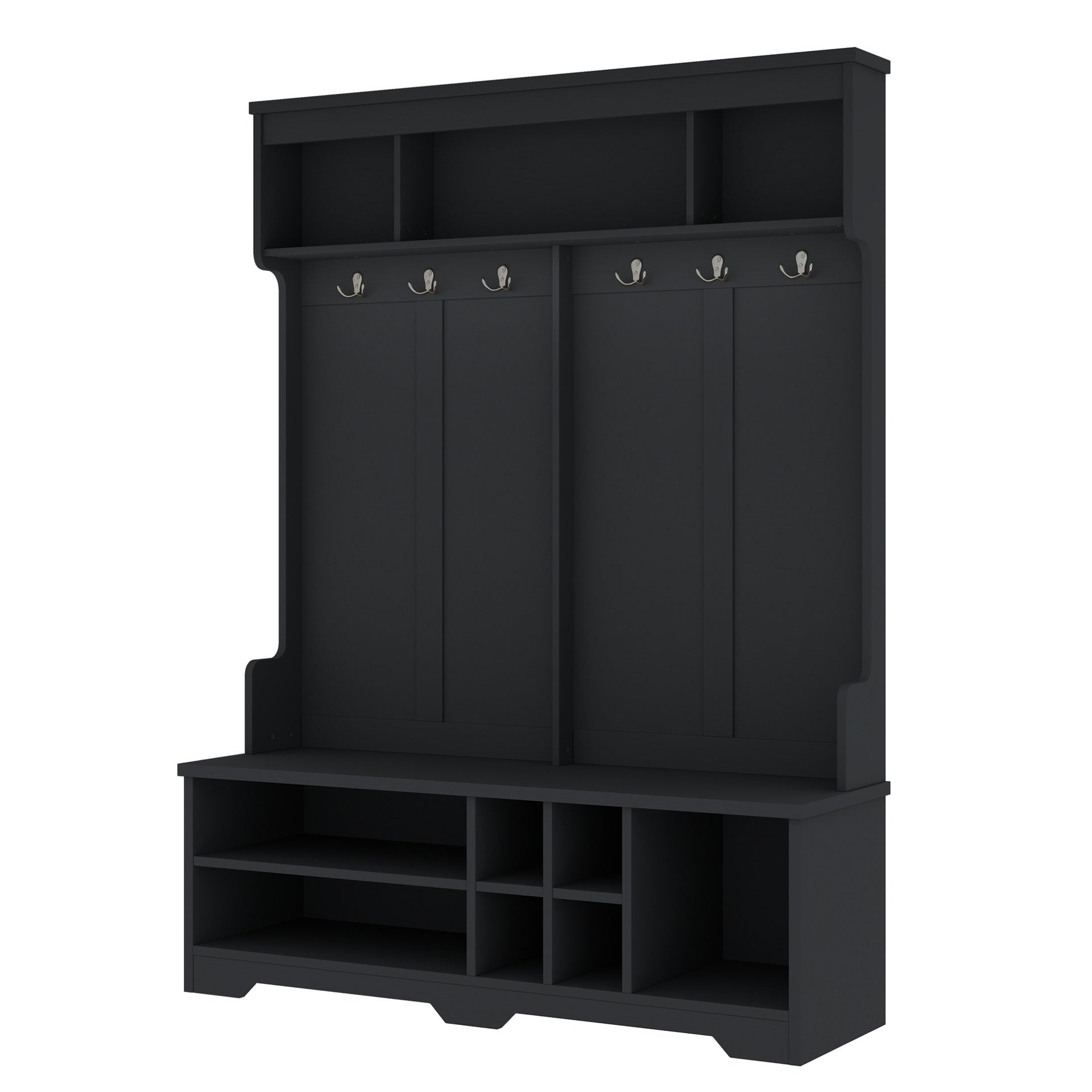 Modern Hallway Hall Tree with Metal Hooks and Storage Space, Multi-Functional Entryway Coat Rack with Shoe Cubbies, Black