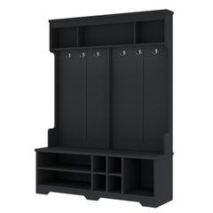 Modern Hallway Hall Tree with Metal Hooks and Storage Space, Multi-Functional Entryway Coat Rack with Shoe Cubbies, Black