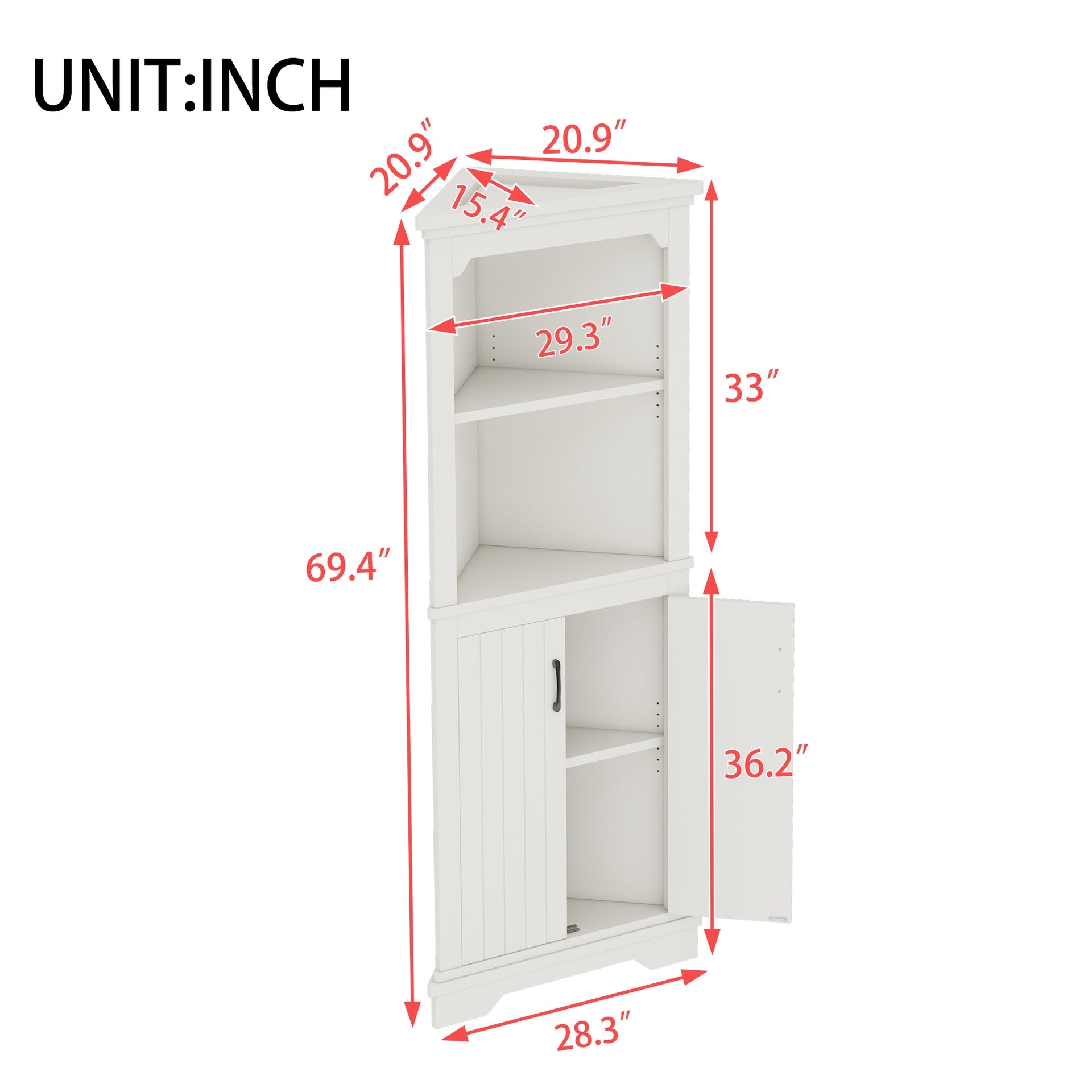 Tall Corner Cabinet with Doors for living room, bathroom,Dining Room or Kitchen,White