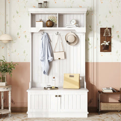 Hall Tree with Storage Shoe Bench for Entryway and Hallway, 4-in-1 Design Coat Racks with Hooks for Living Room, White