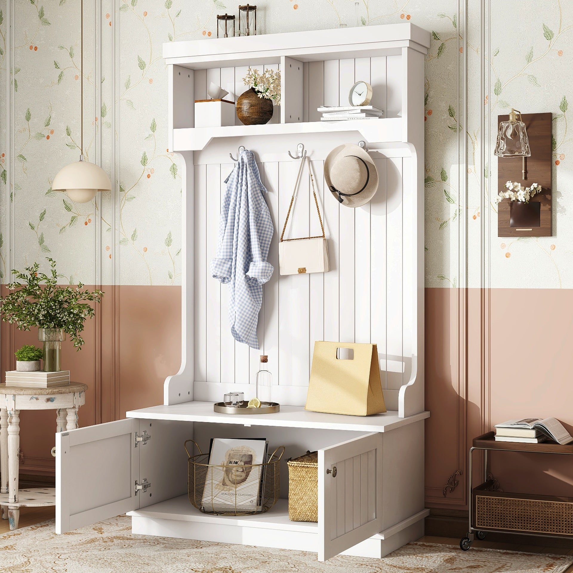 Hall Tree with Storage Shoe Bench for Entryway and Hallway, 4-in-1 Design Coat Racks with Hooks for Living Room, White