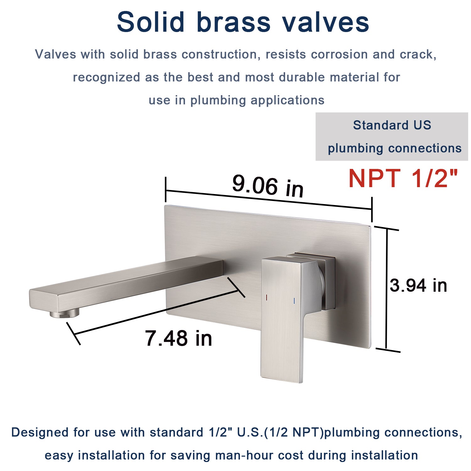Wall Mount Faucet for Bathroom Sink or Bathtub, Single Handle2 Holes Brass Rough-in Valve Included, Brushed Nickel