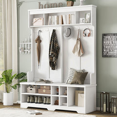 Modern Hallway Hall Tree with Metal Hooks and Storage Space, Multi-Functional Entryway Coat Rack with Shoe Cubbies, White