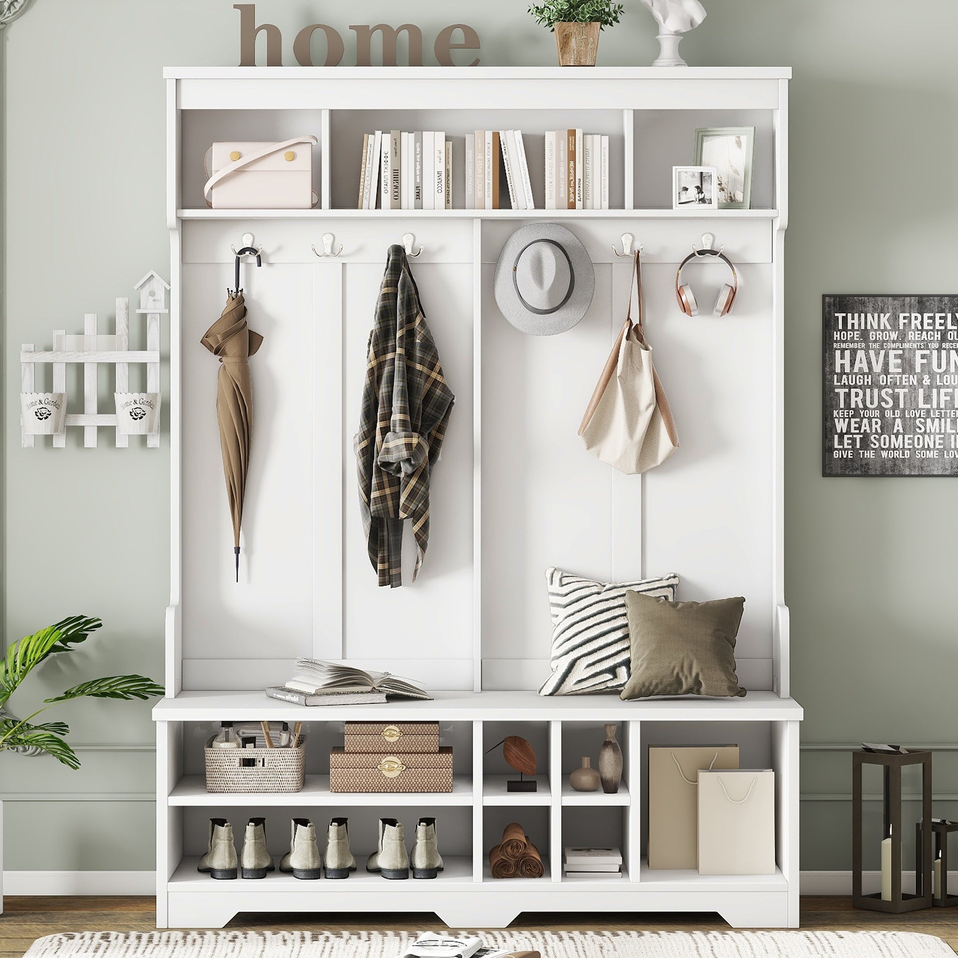 Modern Hallway Hall Tree with Metal Hooks and Storage Space, Multi-Functional Entryway Coat Rack with Shoe Cubbies, White