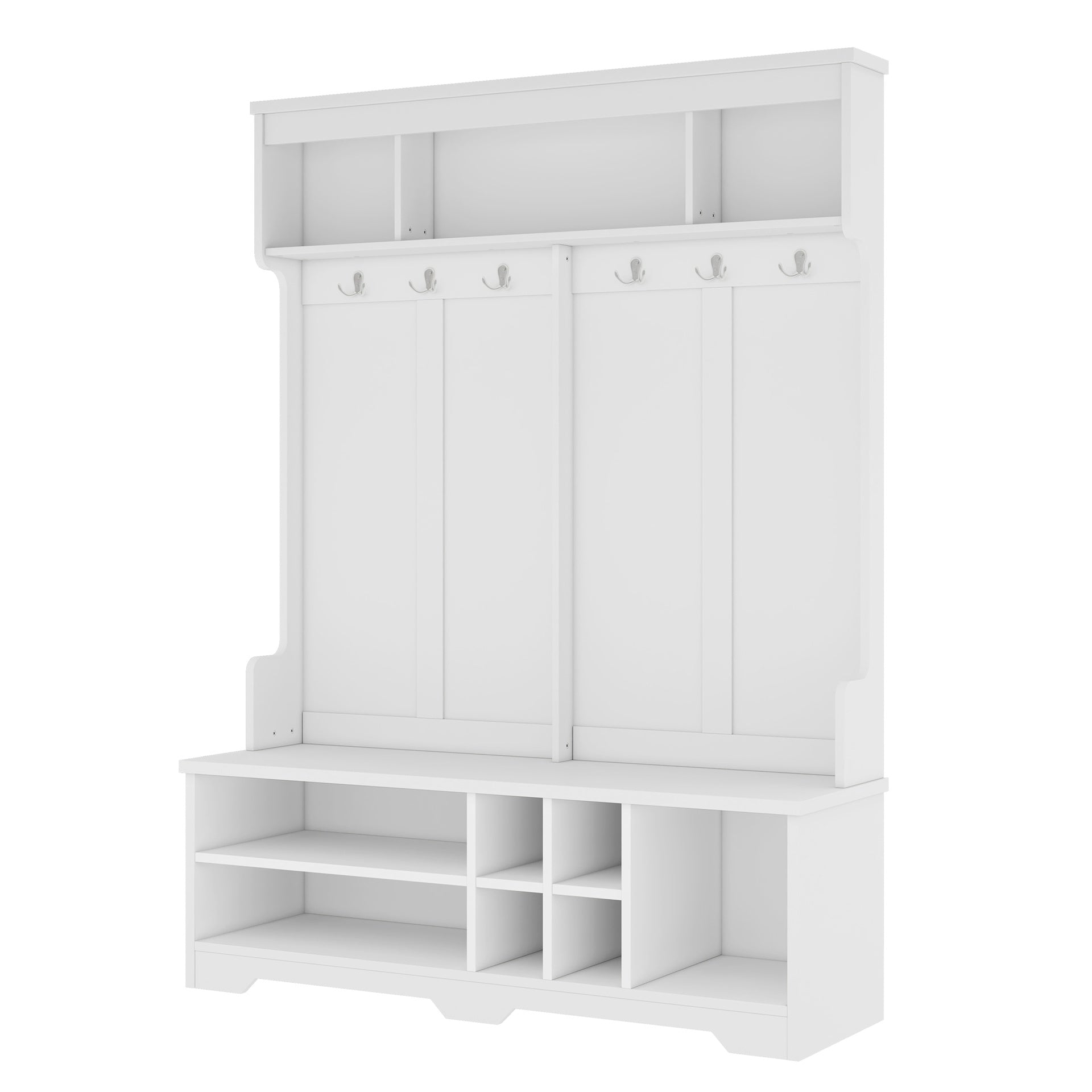 Modern Hallway Hall Tree with Metal Hooks and Storage Space, Multi-Functional Entryway Coat Rack with Shoe Cubbies, White