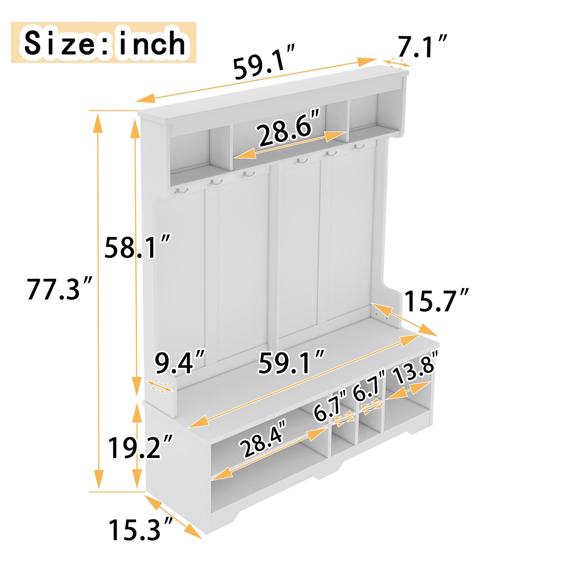 Modern Hallway Hall Tree with Metal Hooks and Storage Space, Multi-Functional Entryway Coat Rack with Shoe Cubbies, White