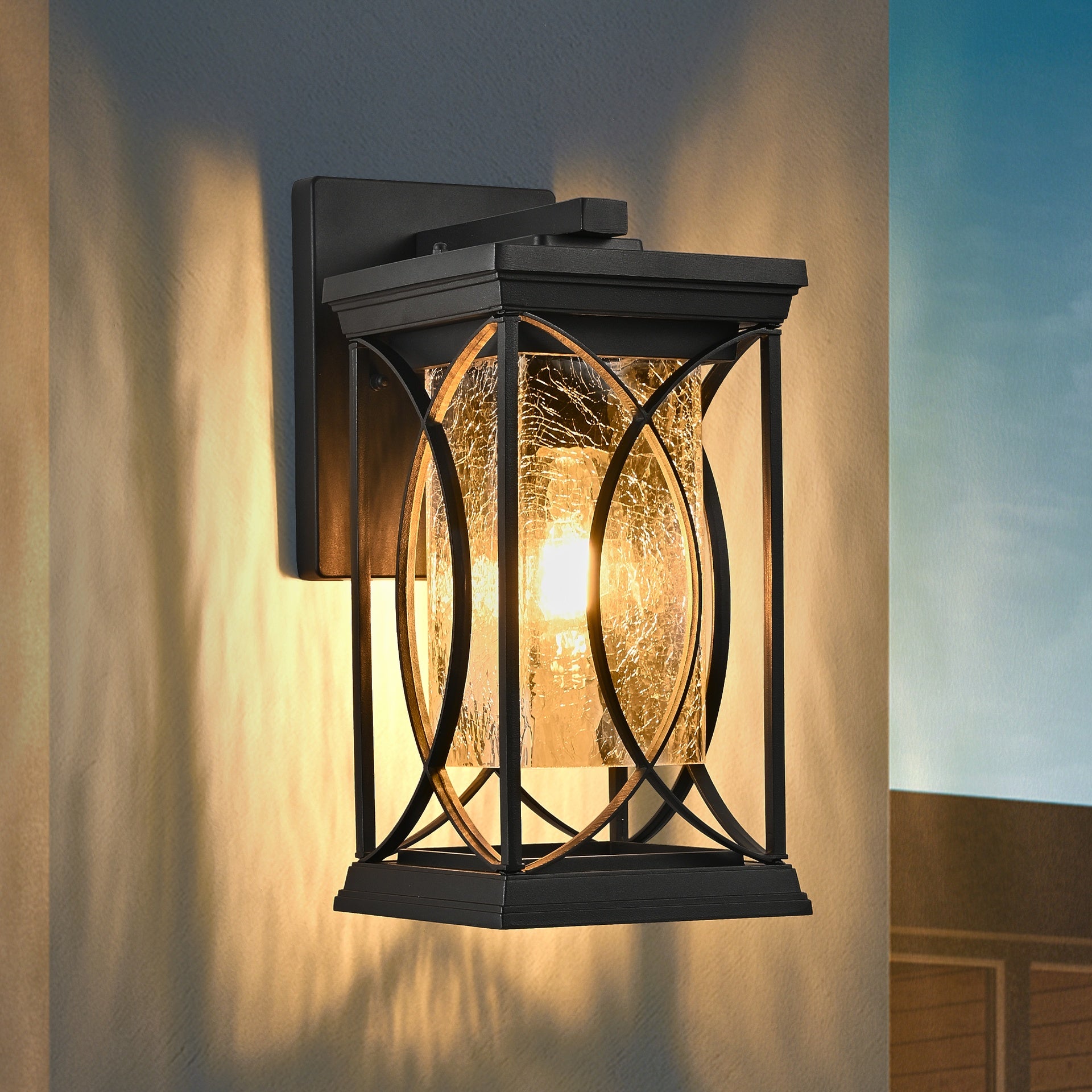 14"(H) 1-pack Black Outdoor Wall Lantern with Crackled Glass, Weather-Resistant Exterior Light Fixture for Porch, Patio, and Entryway, Modern Decorative Wall Sconce with E26 Base (Bulb Not Included)