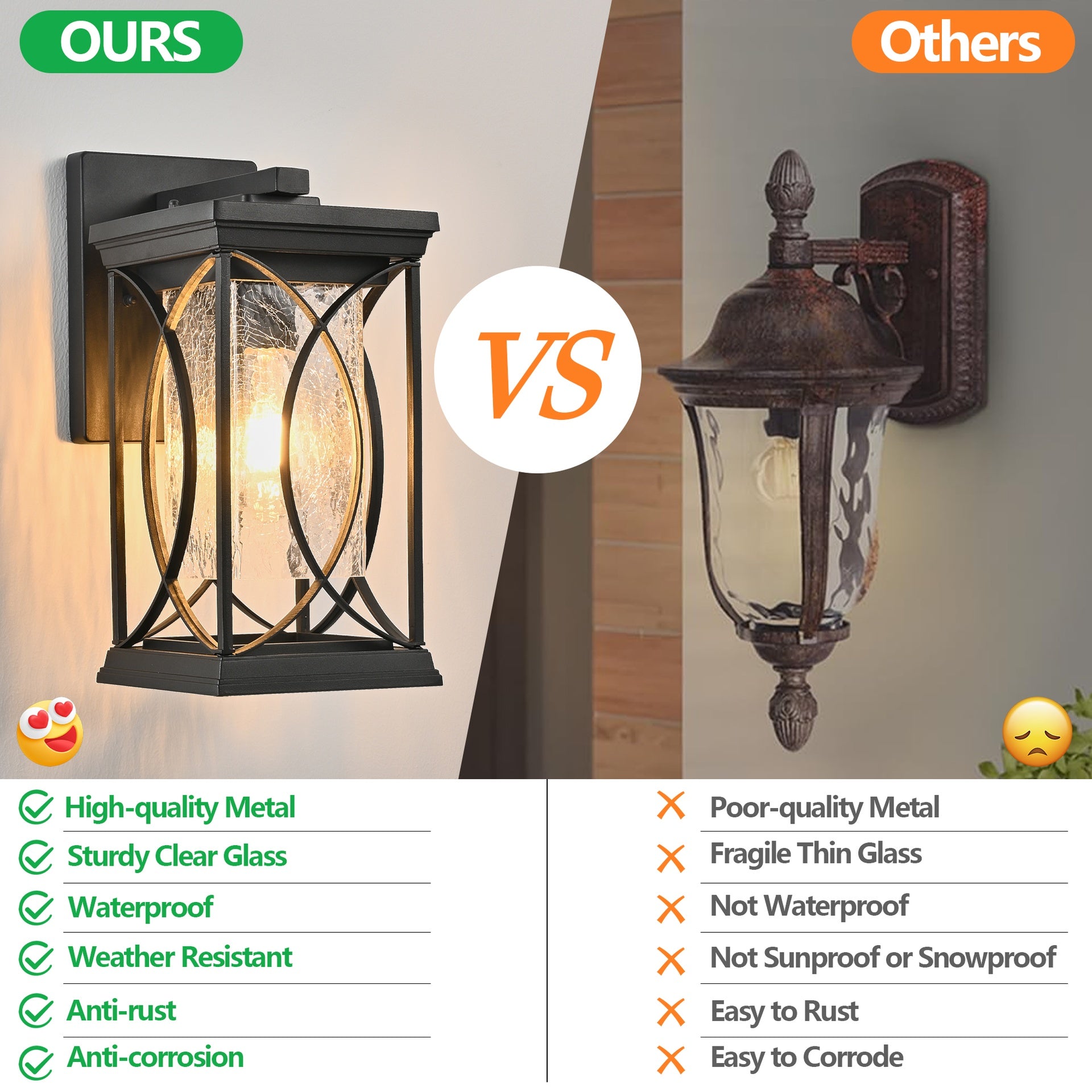 14"(H) 1-pack Black Outdoor Wall Lantern with Crackled Glass, Weather-Resistant Exterior Light Fixture for Porch, Patio, and Entryway, Modern Decorative Wall Sconce with E26 Base (Bulb Not Included)