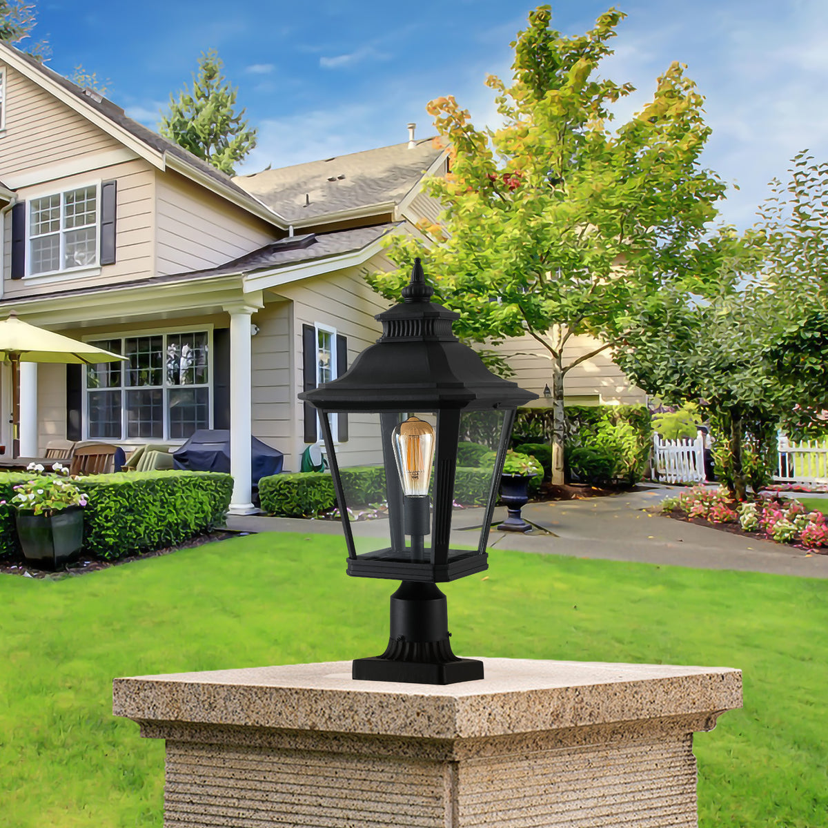 21"(H) 1-Pack Outdoor Post Lantern Light – Vintage Black Metal & Clear Glass Pillar Lamp for Garden, Gate, Driveway, and Pathway Lighting with Elegant Design (Bulb Not Included)