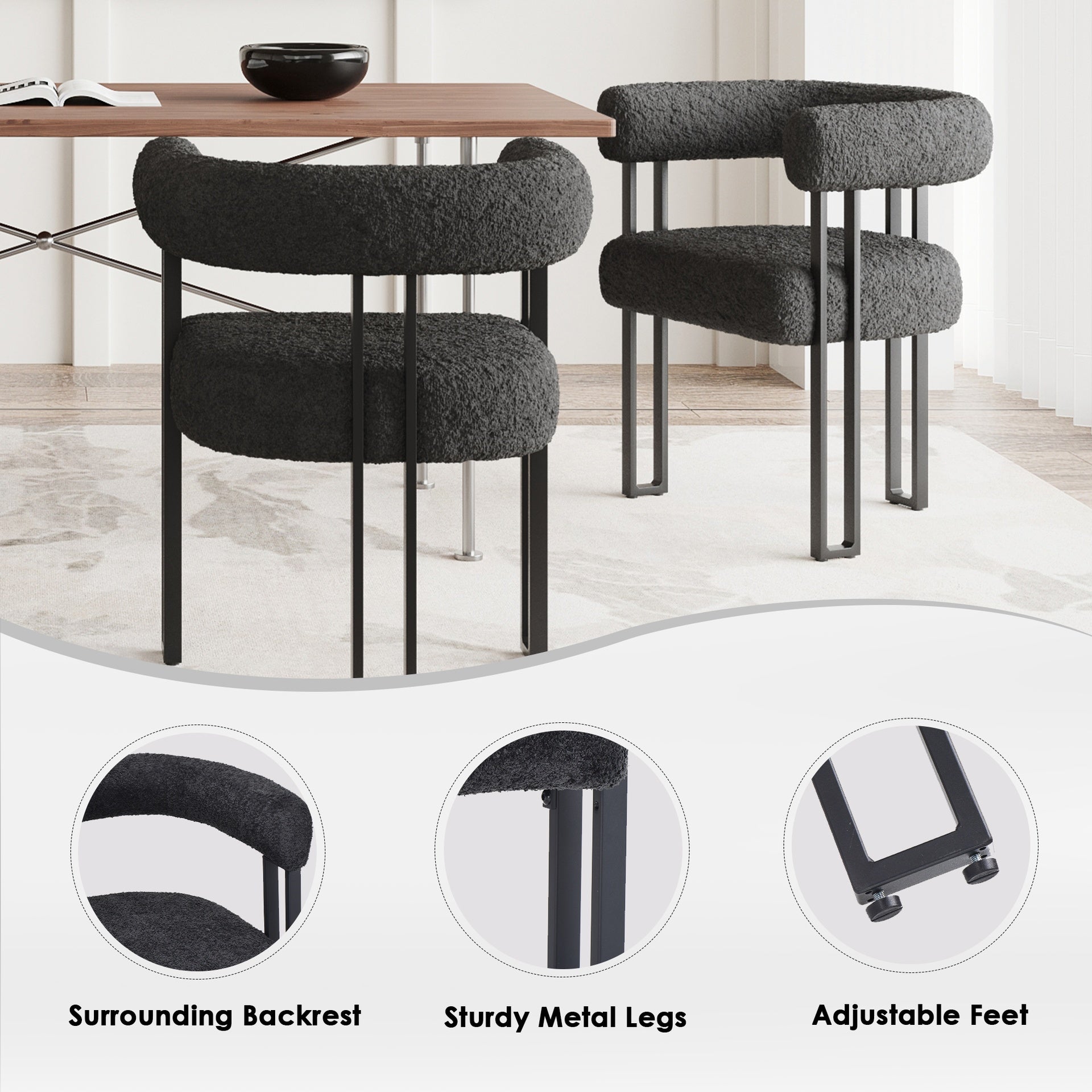 Set of 2 Upholstered Dining Arm Chairs, Bouclé Fabric Accent Chairs with Metal Frame, Modern Armchairs with Cushioned Seat & Back, Stain-Resistant, Living Room & Dining Room
