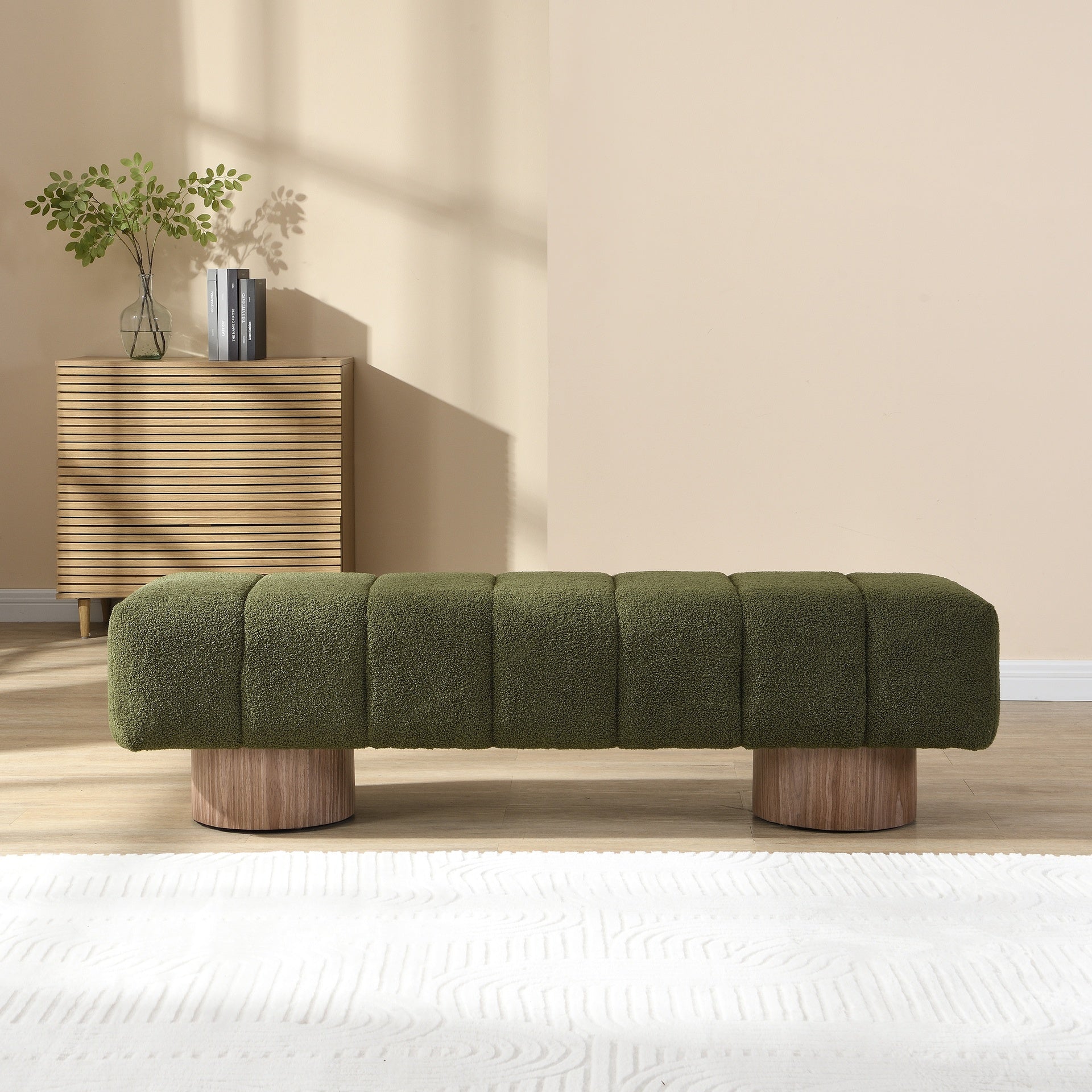 Upholstered Dining Bench for Dining Room, No-Assembly End of Bed Entryway Bench Ottoman for Bedroom Living Room, Green Boucle Fabric Stool Top Wood Leg 300 LBS Weight Capacity