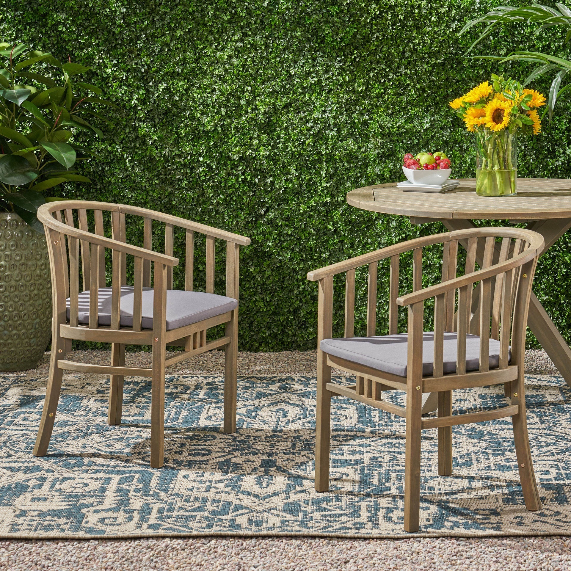 Outdoor Wooden Dining Chairs With Cushions, Set of 2, Dark Grey,Grey Finish