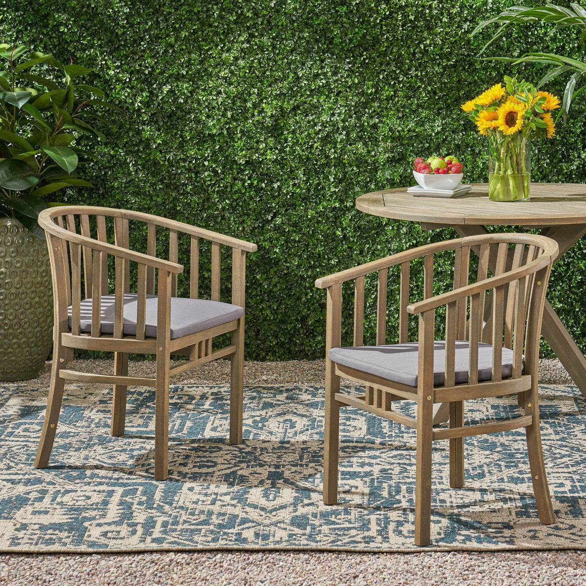 Outdoor Wooden Dining Chairs With Cushions, Set of 2, Dark Grey,Grey Finish