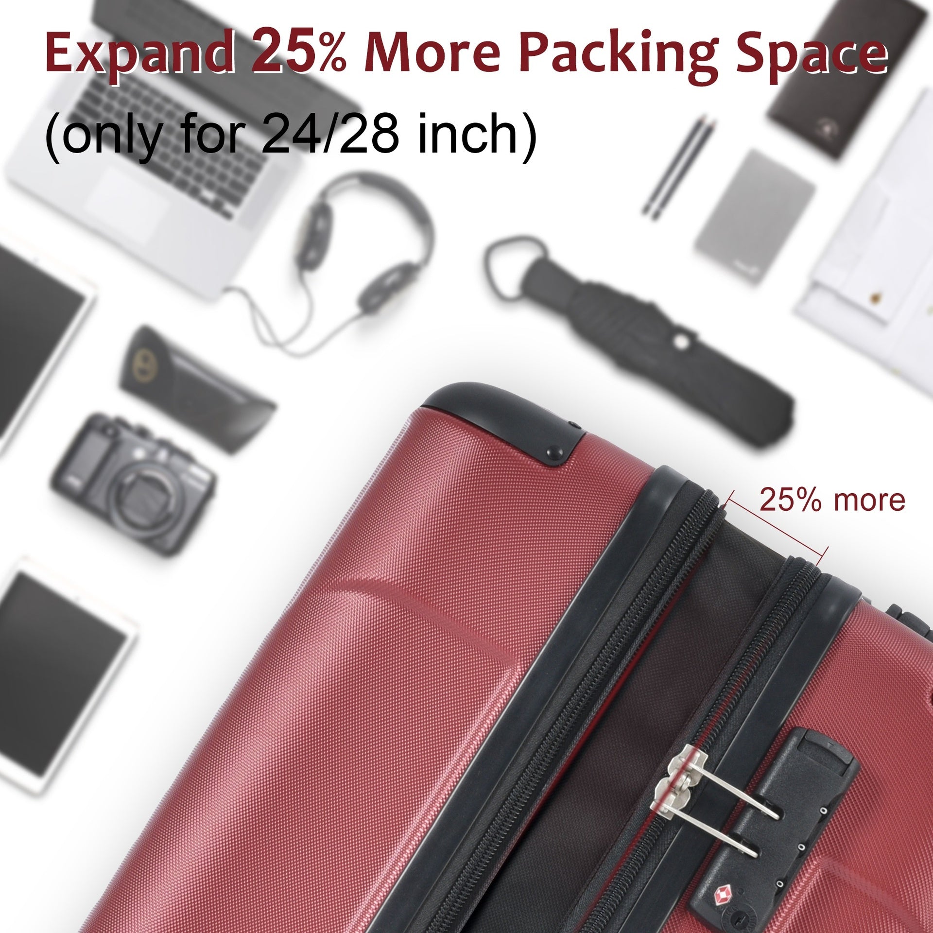 Hardshell Luggage, Lightweight Durable ABS Suitcases with Double Wheels, Expandable 24-inch Checked Luggage 24" (Red)