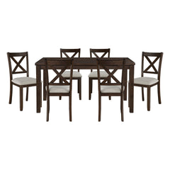 Dark Chery Finish Wooden Dining Set 7pc Dining Table and Beige Side Chairs Transitional Kitchen Breakfast Furniture Set