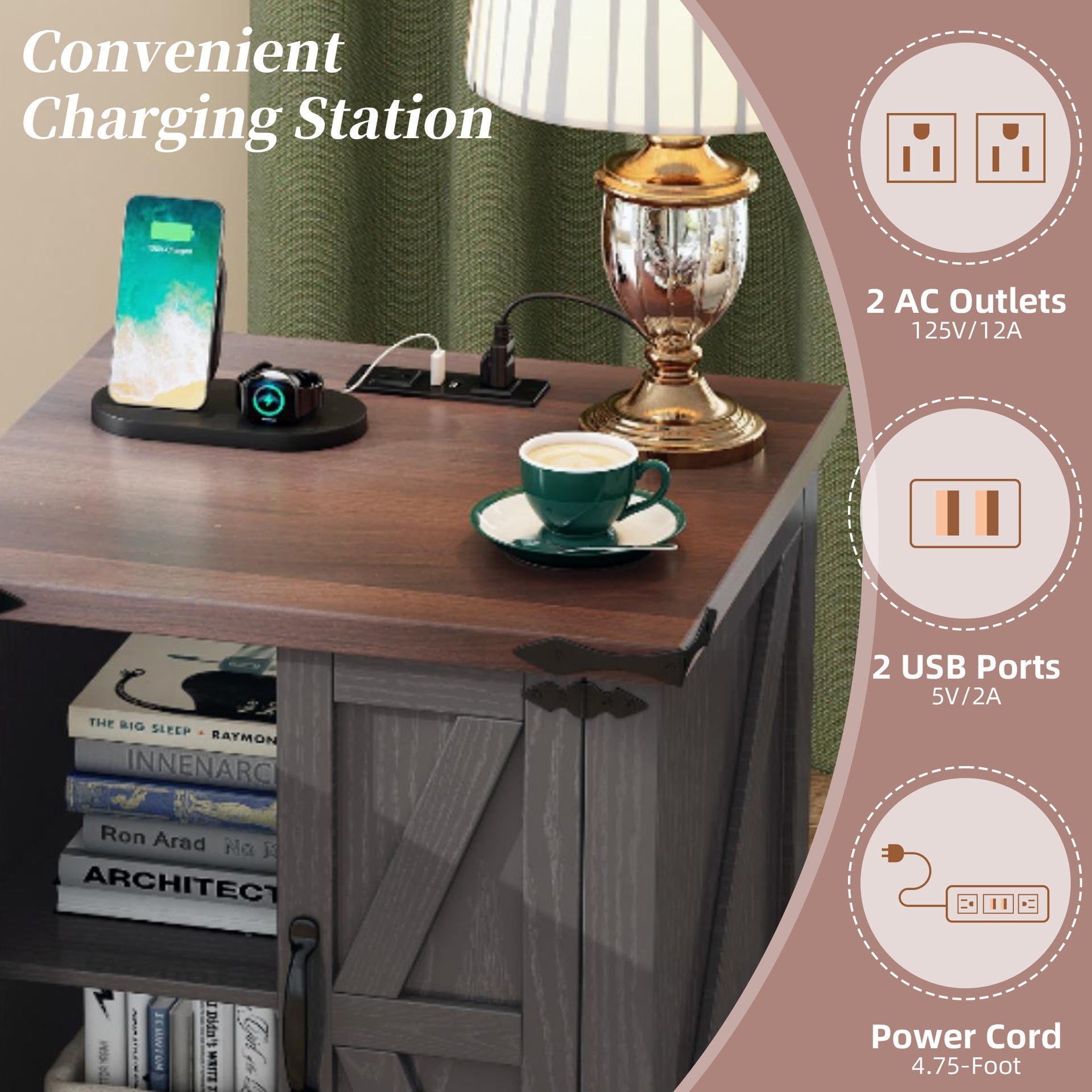 ON-TREND Farmhouse End Table with Charging Station, Rustic Wood Nightstand with Adjustable Shelf, 19.6"W Versatile Walnut Sofa Side Table with Barn Doors & Retro Hinges for Bedroom, Living Room, Grey