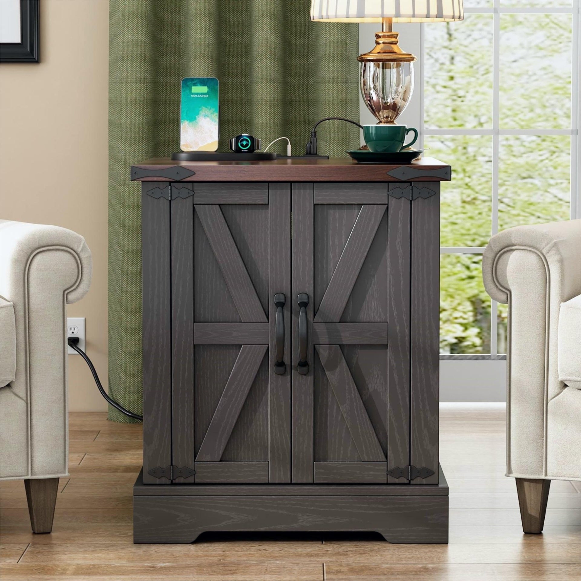 ON-TREND Farmhouse End Table with Charging Station, Rustic Wood Nightstand with Adjustable Shelf, 19.6"W Versatile Walnut Sofa Side Table with Barn Doors & Retro Hinges for Bedroom, Living Room, Grey