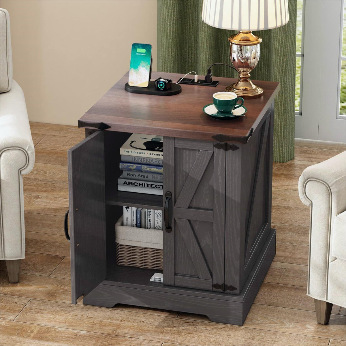 ON-TREND Farmhouse End Table with Charging Station, Rustic Wood Nightstand with Adjustable Shelf, 19.6"W Versatile Walnut Sofa Side Table with Barn Doors & Retro Hinges for Bedroom, Living Room, Grey