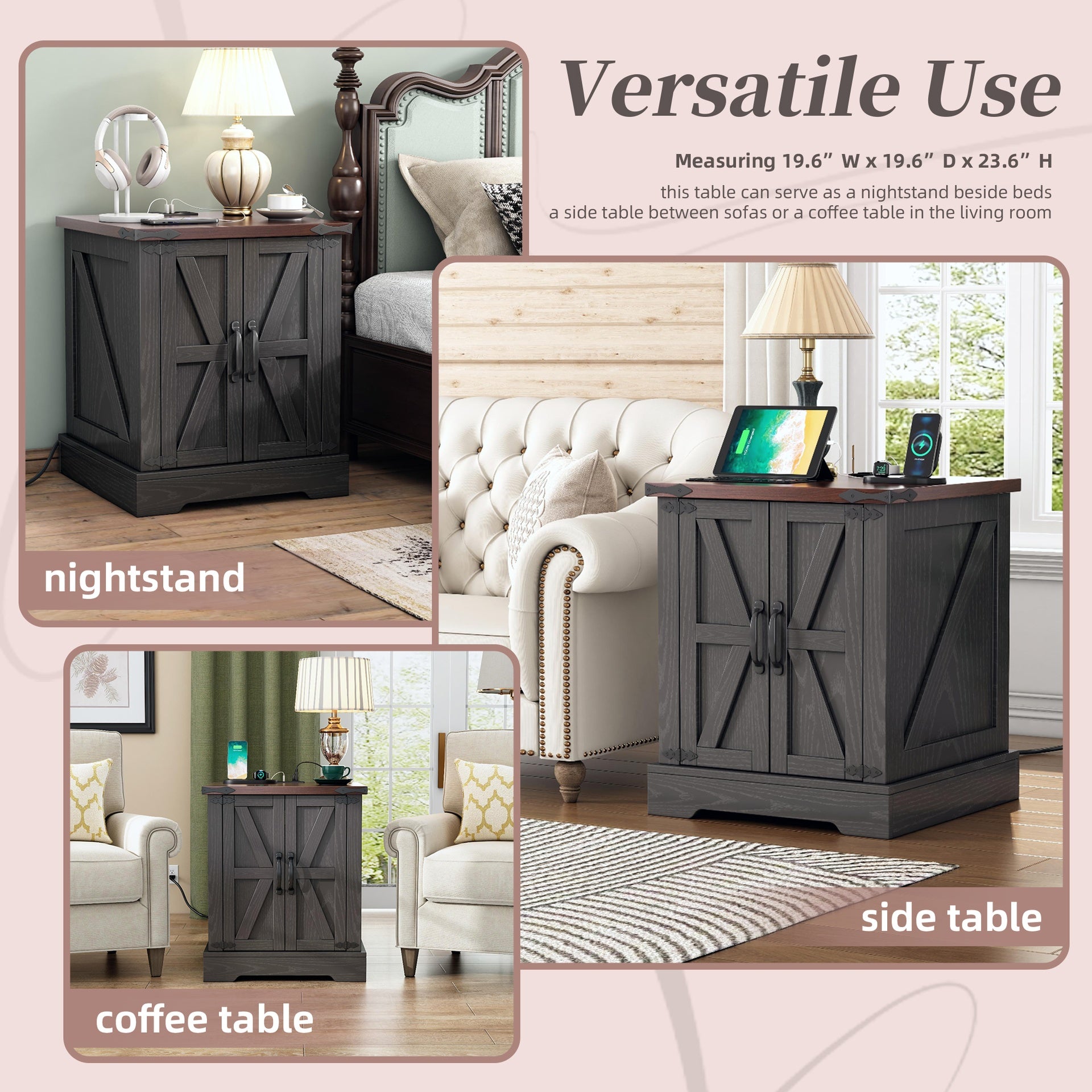 ON-TREND Farmhouse End Table with Charging Station, Rustic Wood Nightstand with Adjustable Shelf, 19.6"W Versatile Walnut Sofa Side Table with Barn Doors & Retro Hinges for Bedroom, Living Room, Grey