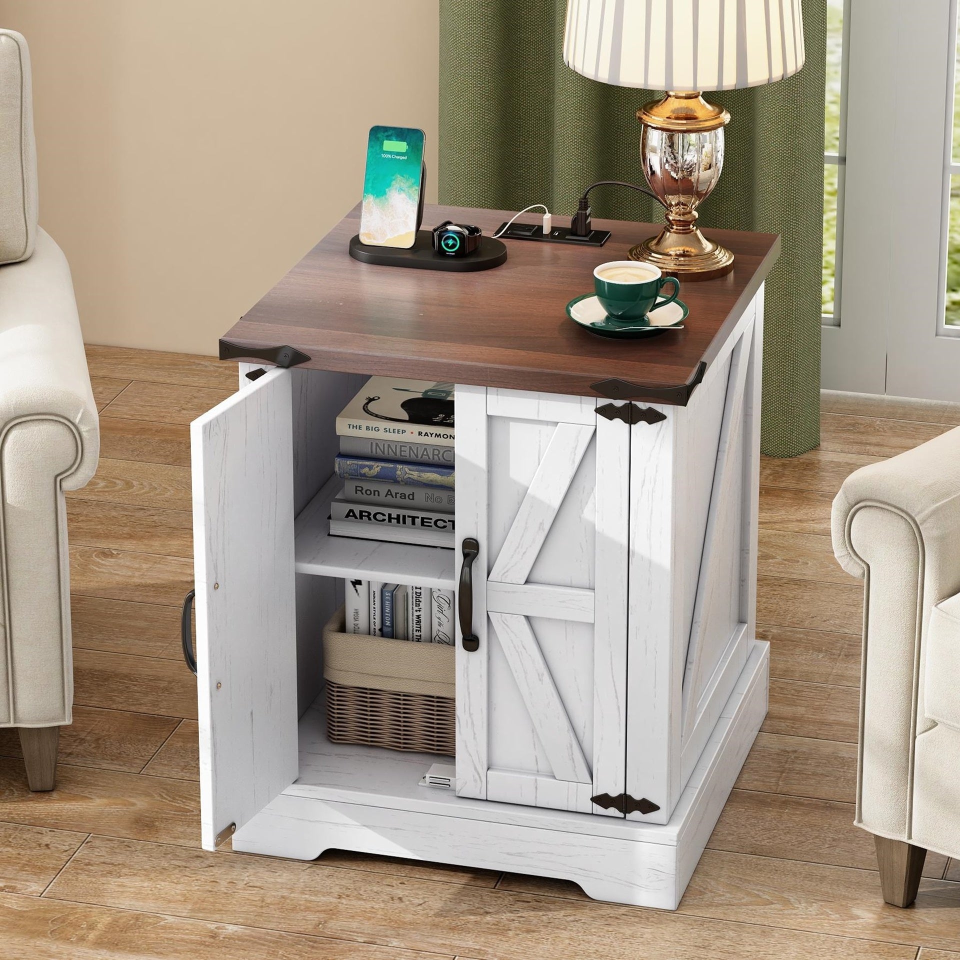 ON-TREND Farmhouse End Table with Charging Station, Rustic Wood Nightstand with Adjustable Shelf, 19.6"W Versatile Walnut Sofa Side Table with Barn Doors & Retro Hinges for Bedroom, Living Room, White
