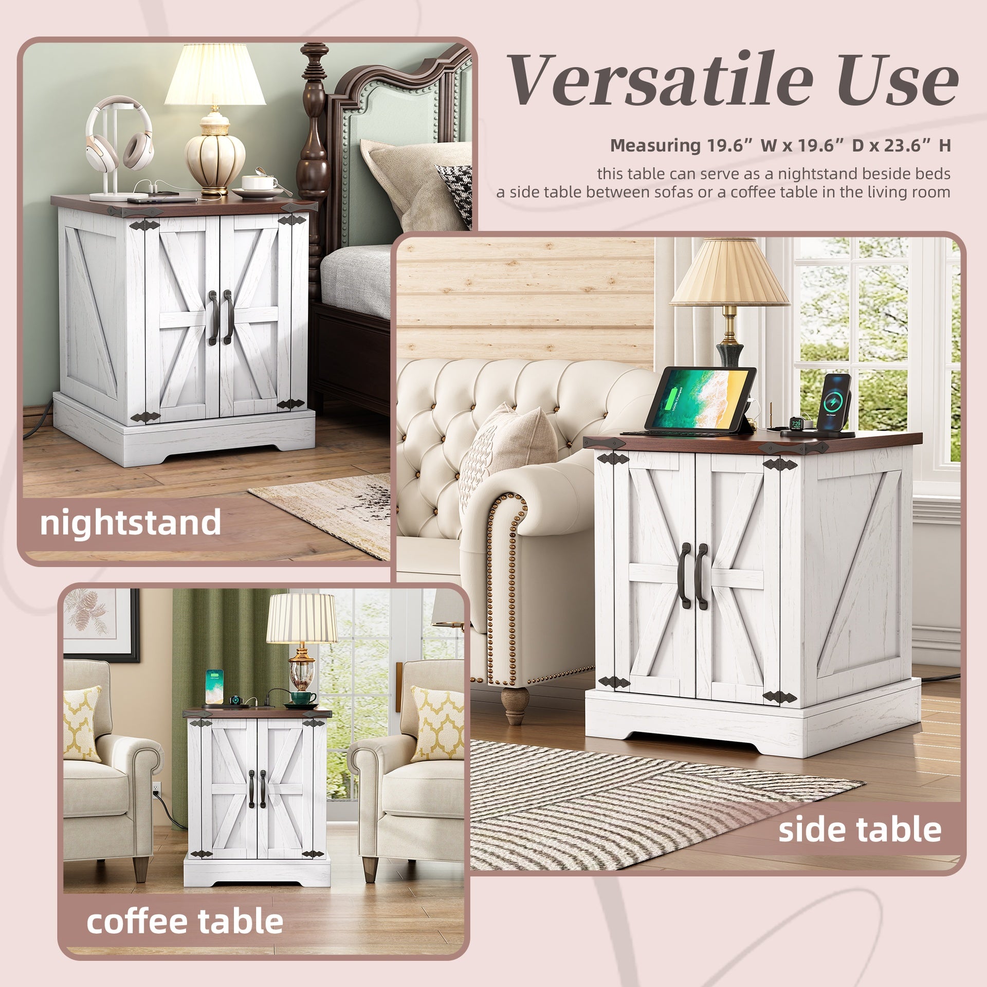 ON-TREND Farmhouse End Table with Charging Station, Rustic Wood Nightstand with Adjustable Shelf, 19.6"W Versatile Walnut Sofa Side Table with Barn Doors & Retro Hinges for Bedroom, Living Room, White