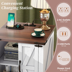 ON-TREND Farmhouse End Table with Charging Station, Rustic Wood Nightstand with Adjustable Shelf, 19.6"W Versatile Walnut Sofa Side Table with Barn Doors & Retro Hinges for Bedroom, Living Room, White