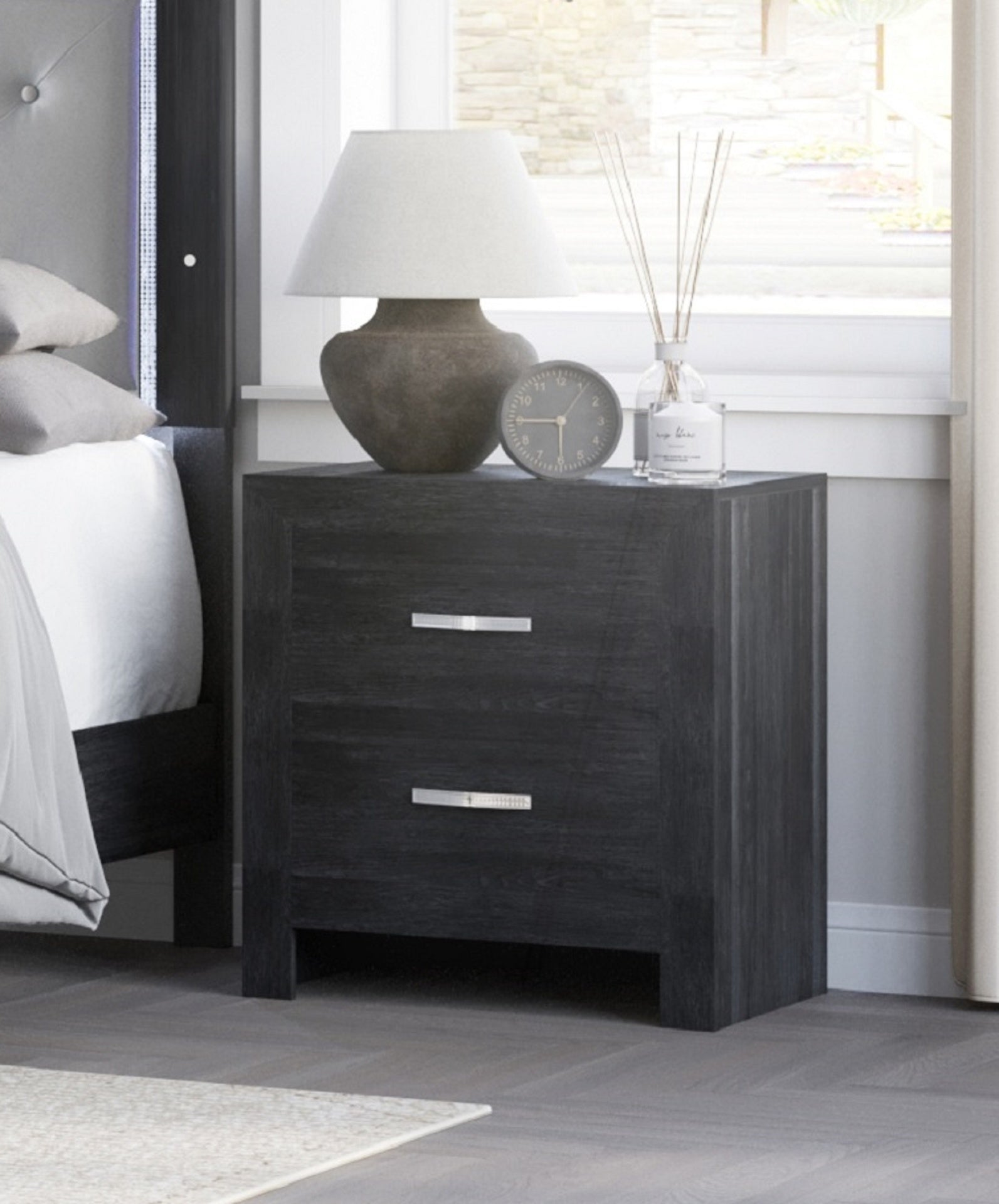 1pc Contemporary Black Finish Two Storage Drawers Nightstand Wood Grain Finish Wooden Bedroom Furniture