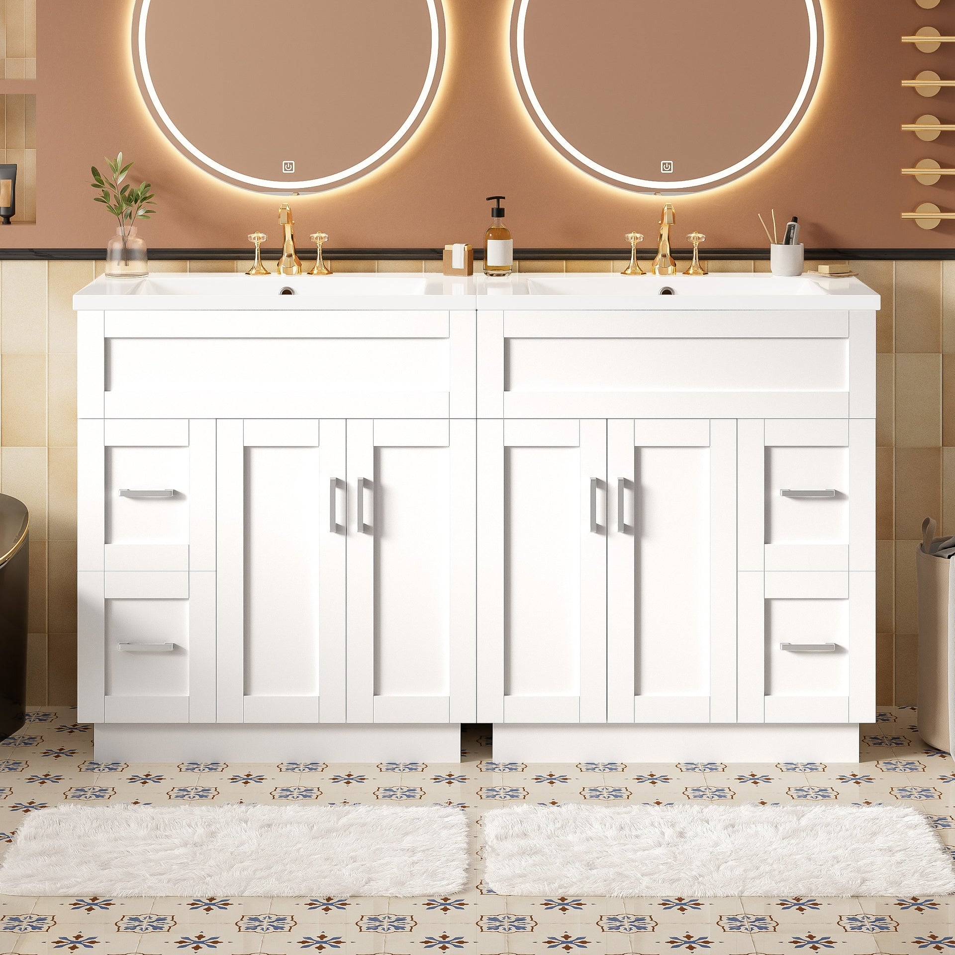 60-Inch Bathroom Vanity with 4 Cabinet Doors, 4 Drawers, 2 Adjustable Shelves, Dual SMC Resin Sinks, Hidden Soft-Close Drawers & Soft-Close Hinges
